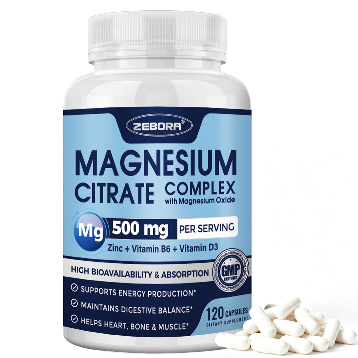 ZEBORA Magnesium Citrate Complex en botella, para uso diario.