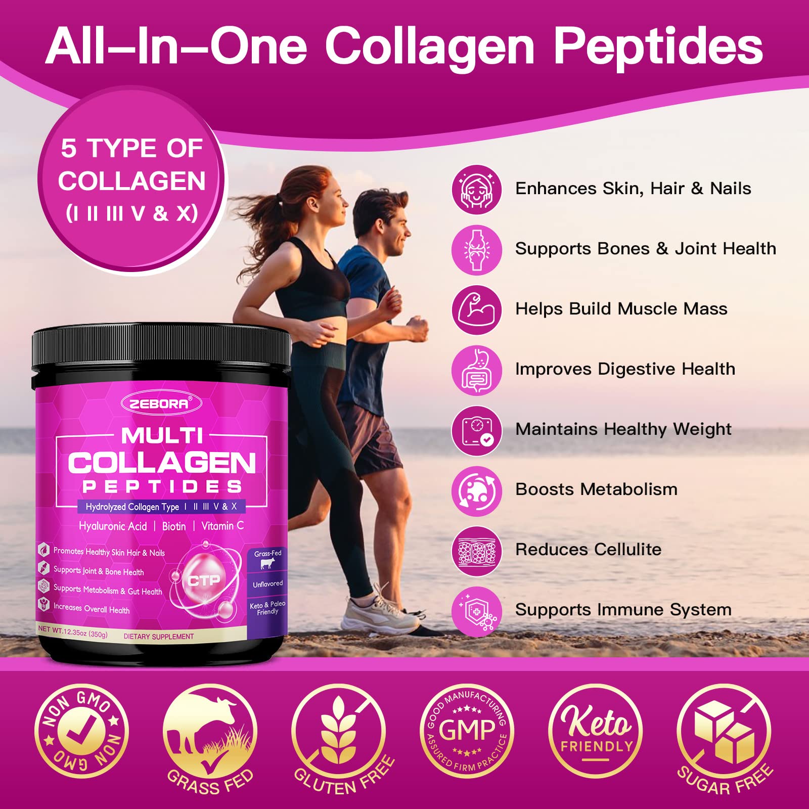 ZEBORA Multi Colageno Polvo, mezcla en bebida, aporta hidratación y salud de la piel.