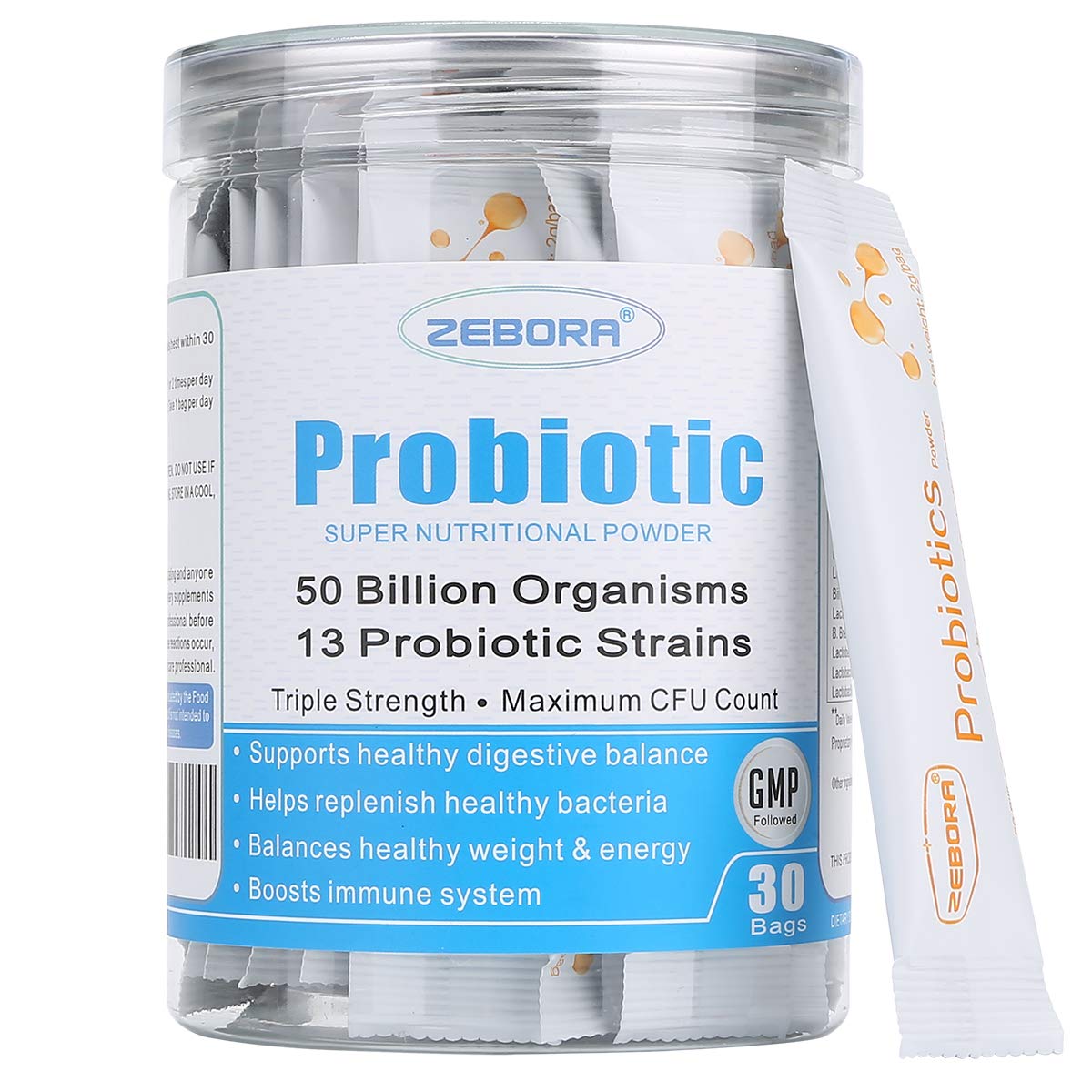 ZEBORA Probióticos, envase con dosificador para uso diario y salud digestiva.