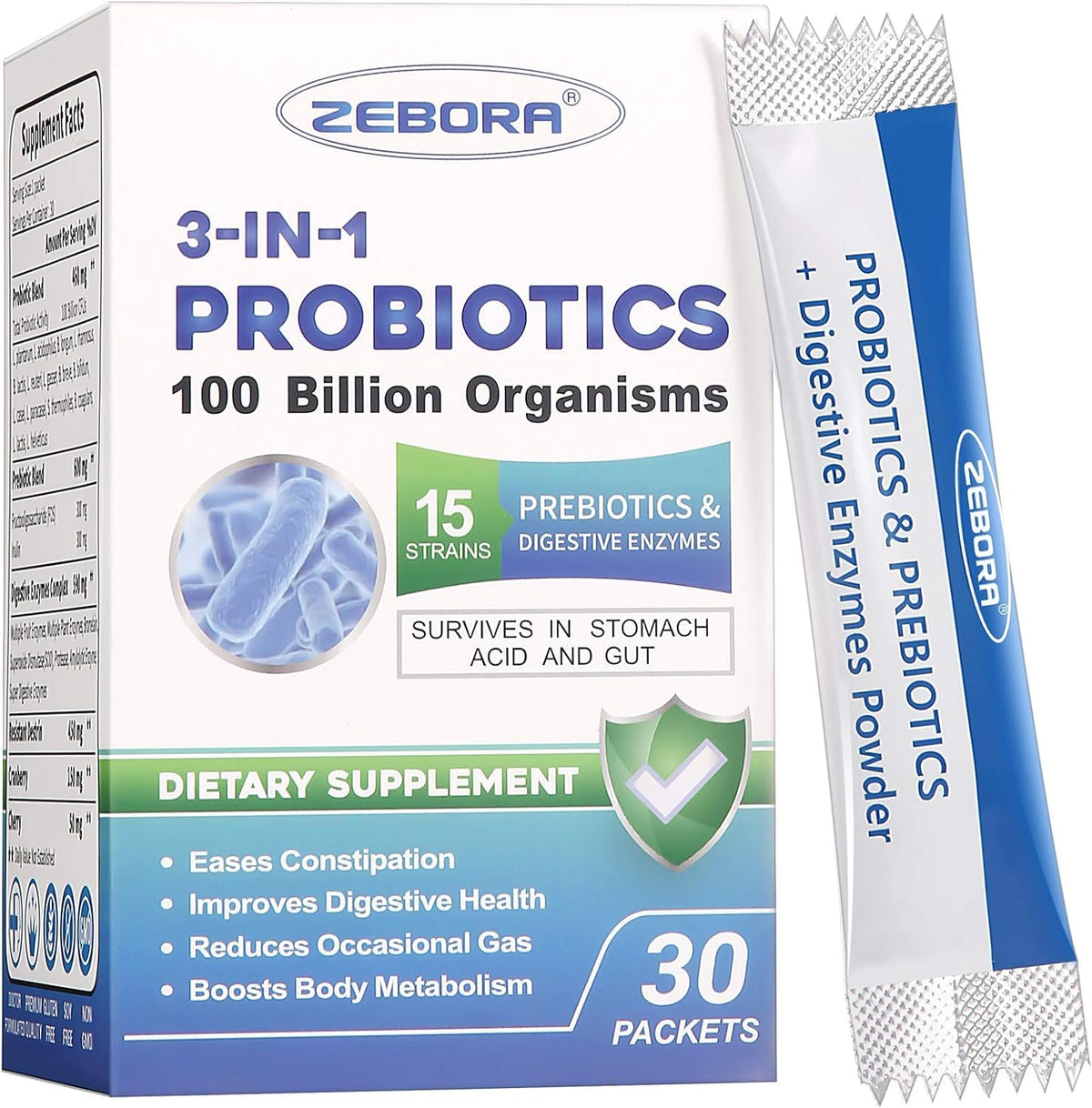 Probióticos ZEBORA envase 3 en 1 para uso diario equilibrado.