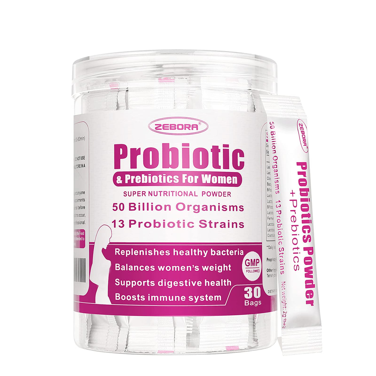 Zebora Probióticos para mujeres, polvo 50 mil millones CFU, 13 cepas para equilibrio intestinal