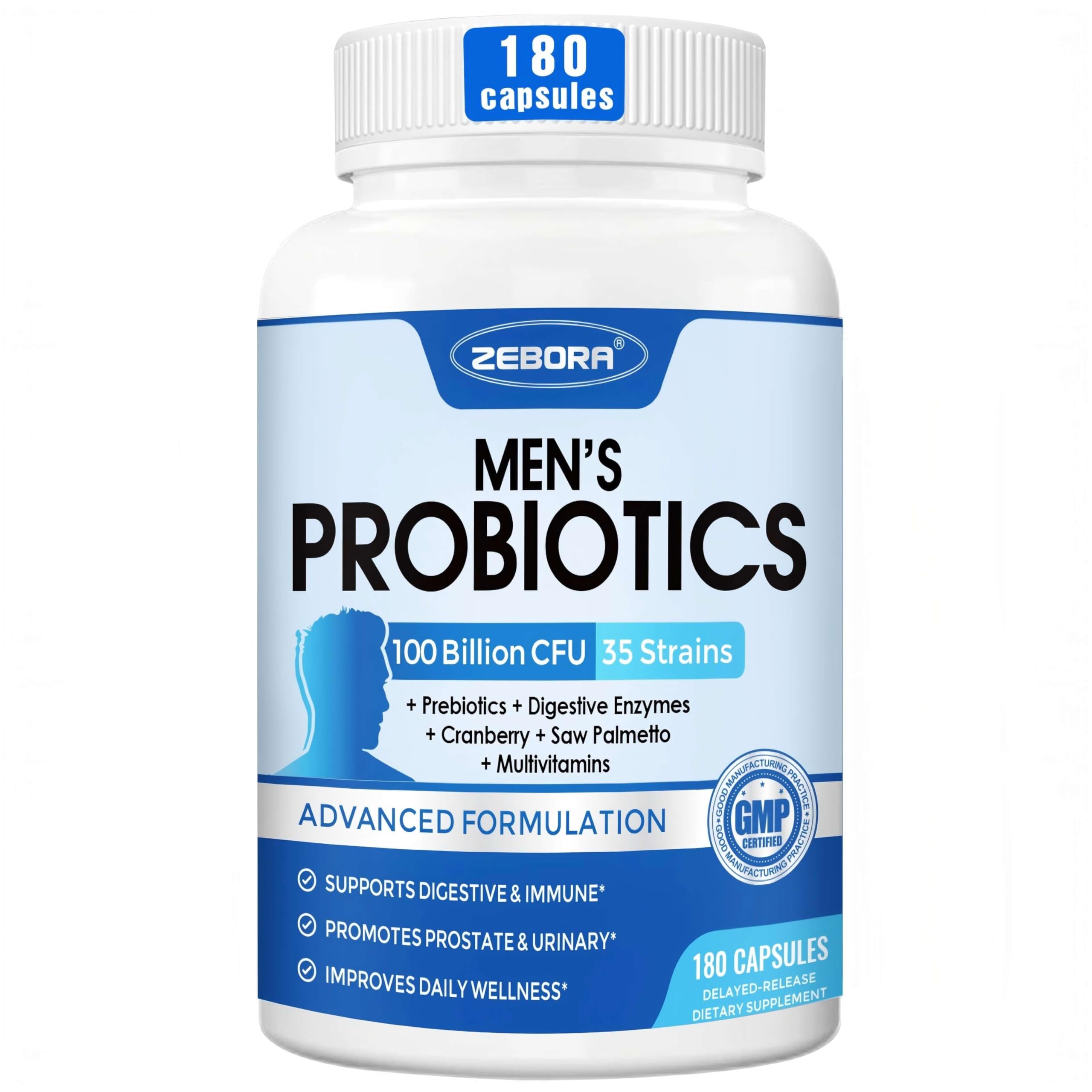 ZEBORA Probiotics para hombres: botella con cápsulas para salud intestinal diaria.