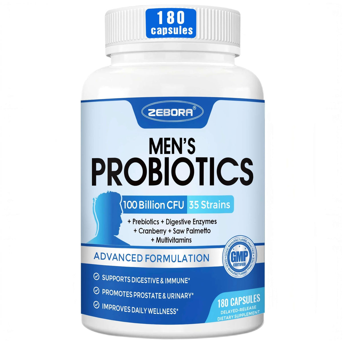ZEBORA Probiotics para hombres: botella con cápsulas para salud intestinal diaria.