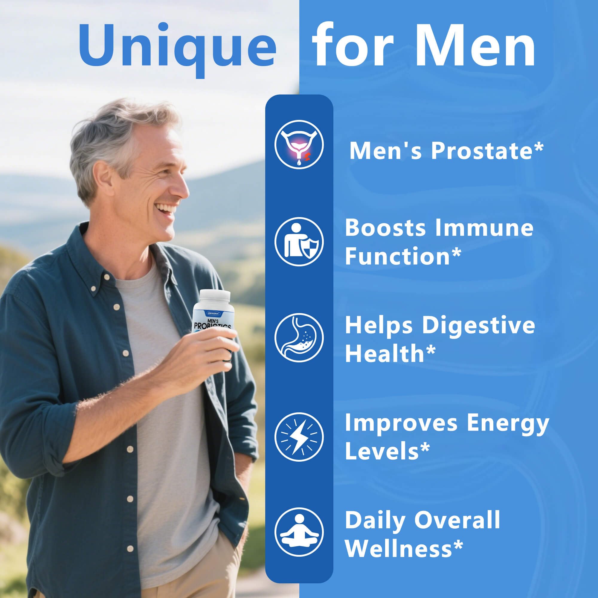 ZEBORA Probiotics para hombres: imagen de prebióticos para salud intestinal.