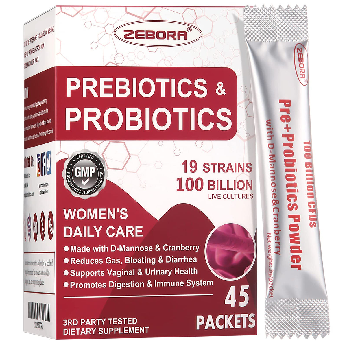 ZEBORA Probiotics para Mujeres: sobre individual con 100 mil millones CFU y 19 cepas