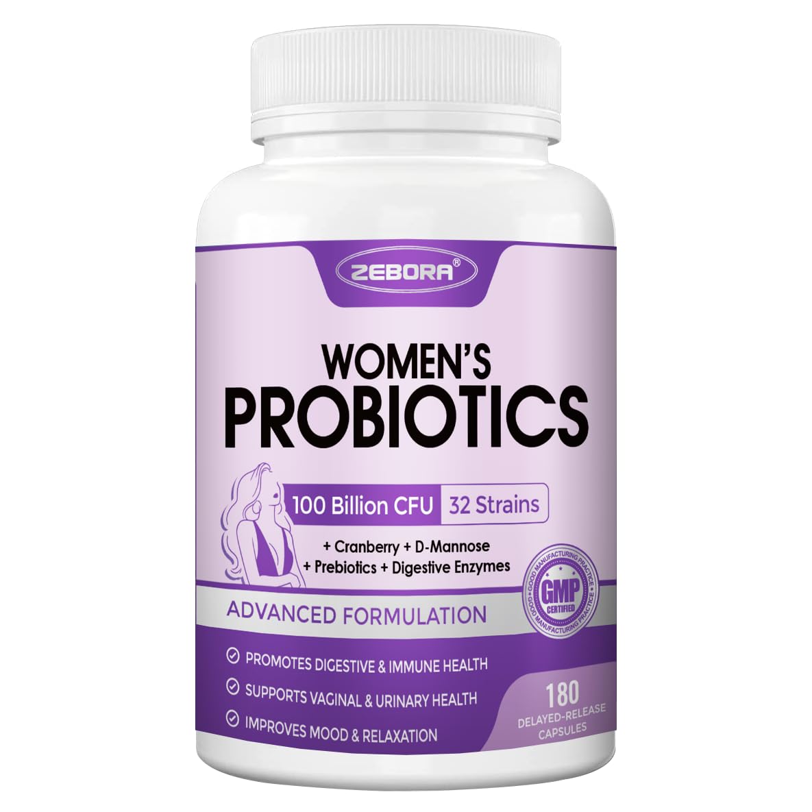 ZEBORA Probiotics para mujeres, frasco de cápsulas, apoyo digestivo diario.