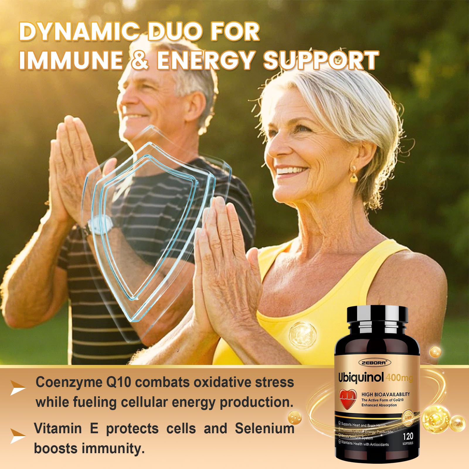 Diseño de empaque de ZEBORA Ubiquinol CoQ10, seguro y atractivo.