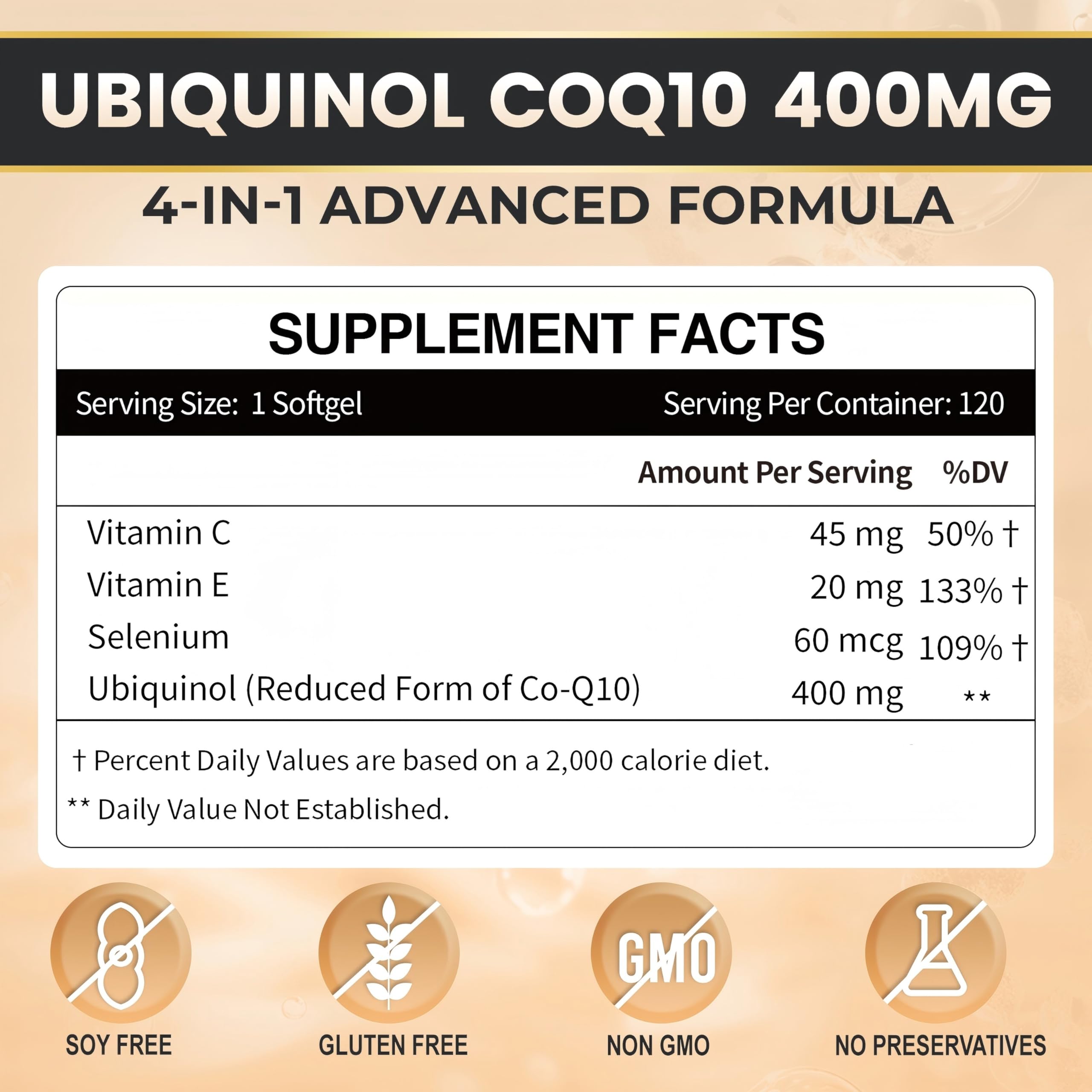 Detalle de etiqueta de ZEBORA Ubiquinol CoQ10 con información clara para la compra.