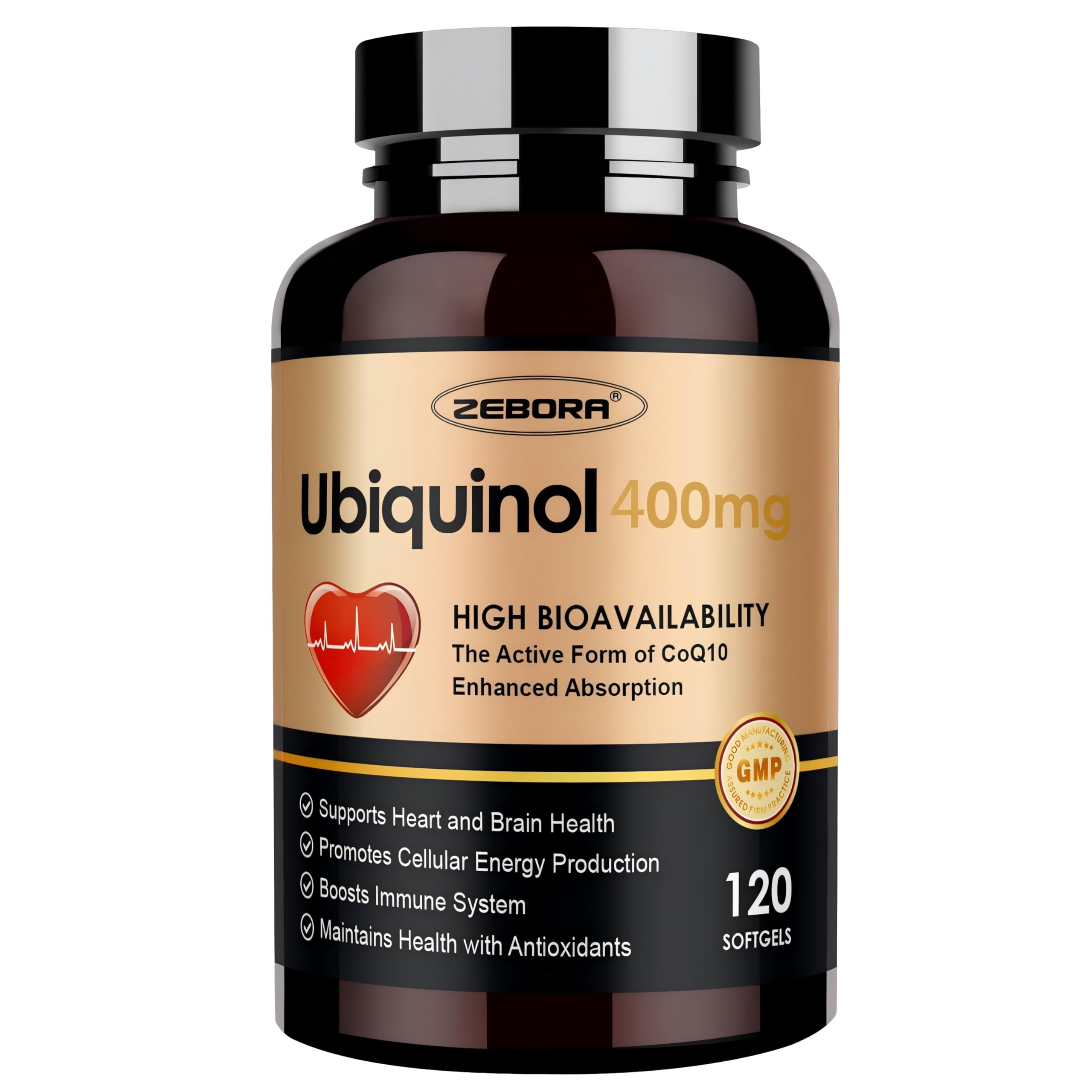 ZEBORA Ubiquinol CoQ10 400 mg en frasco para energía diaria y apoyo general.