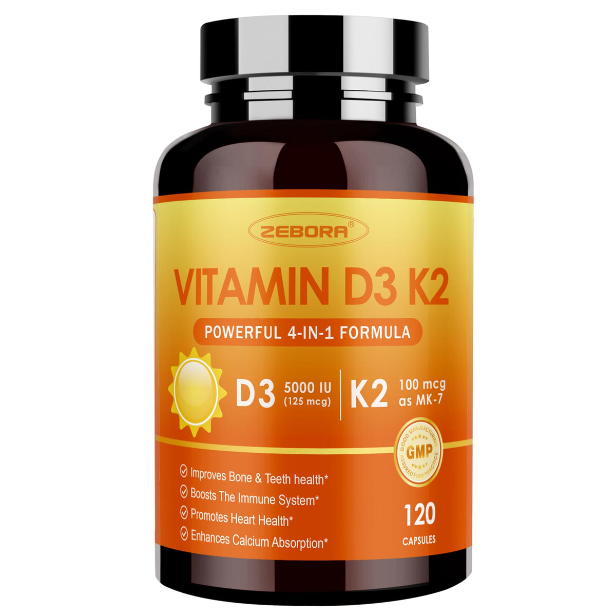 ZEBORA Vitamina D3+K2 en frasco, apoyo diario para huesos y dientes.