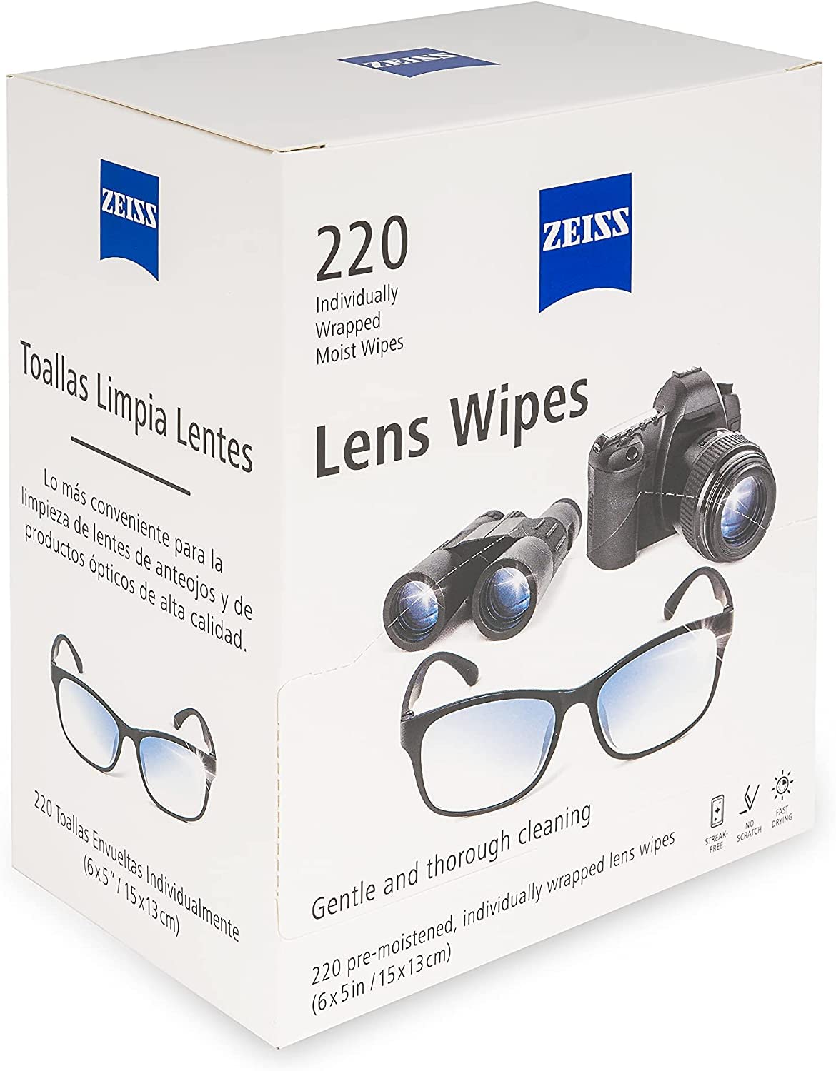 ZEISS toallitas para lentes, limpieza suave en gafas con recubrimiento antirreflejo.