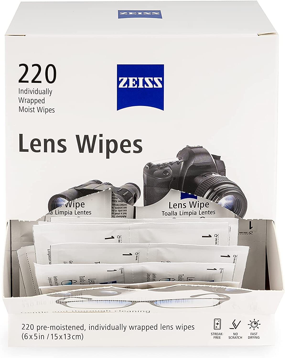 ZEISS toallitas para múltiples ópticos, cámaras y binoculares, uso práctico diario.