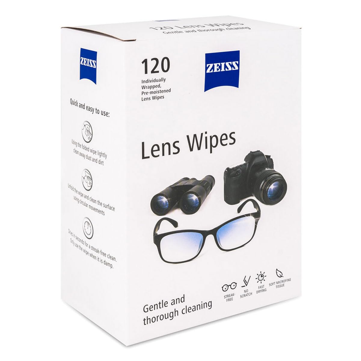 ZEISS toallitas envueltas individualmente para campo, limpieza rápida en exteriores.