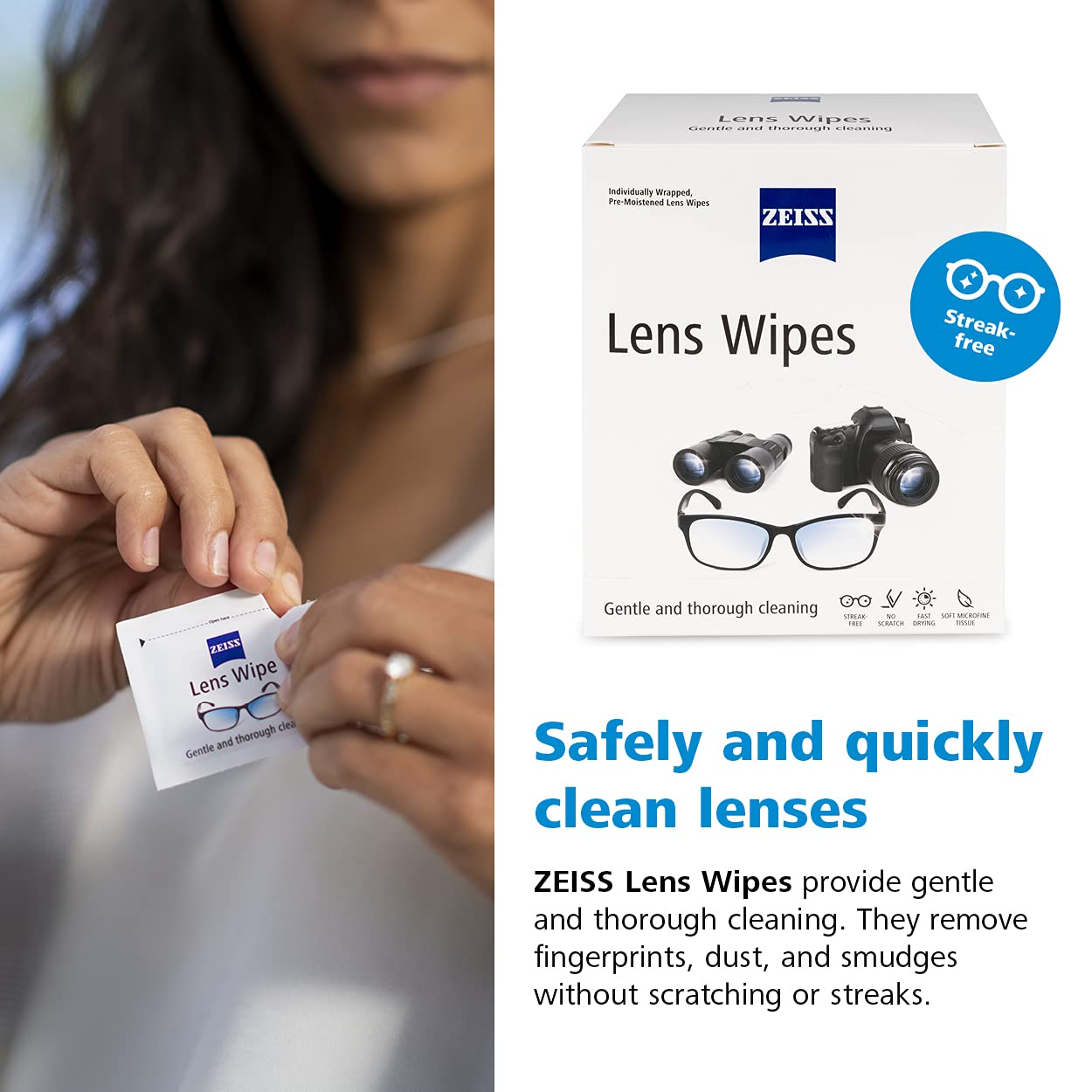 ZEISS toallitas para gafas, sin dejar rastro ni residuo.
