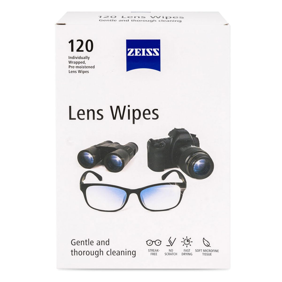 ZEISS toallitas para lentes de 120 unidades, limpieza óptica sin esfuerzo.