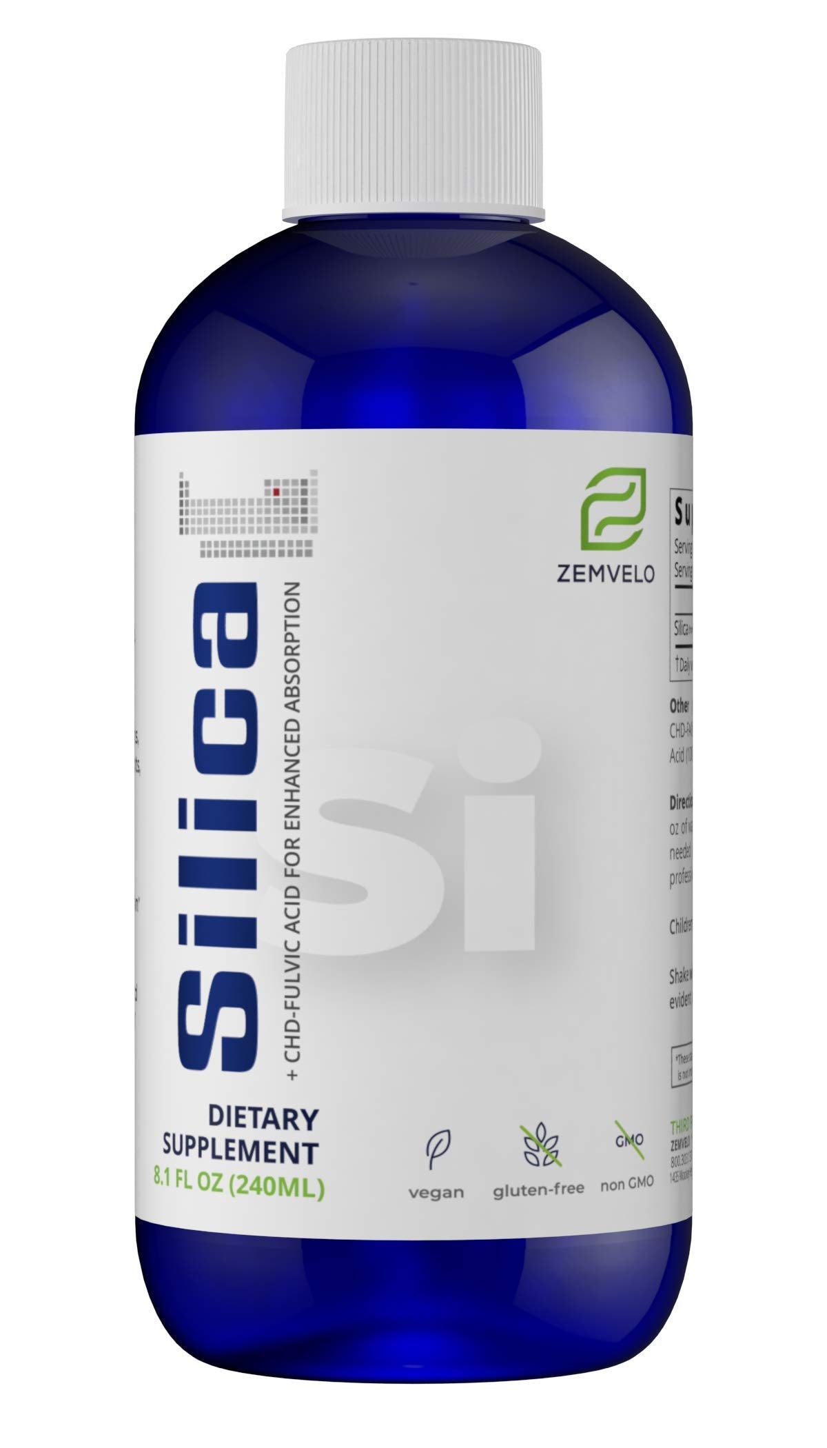Zemvelo Silicio líquido, botella 8oz para cabello y piel saludables.