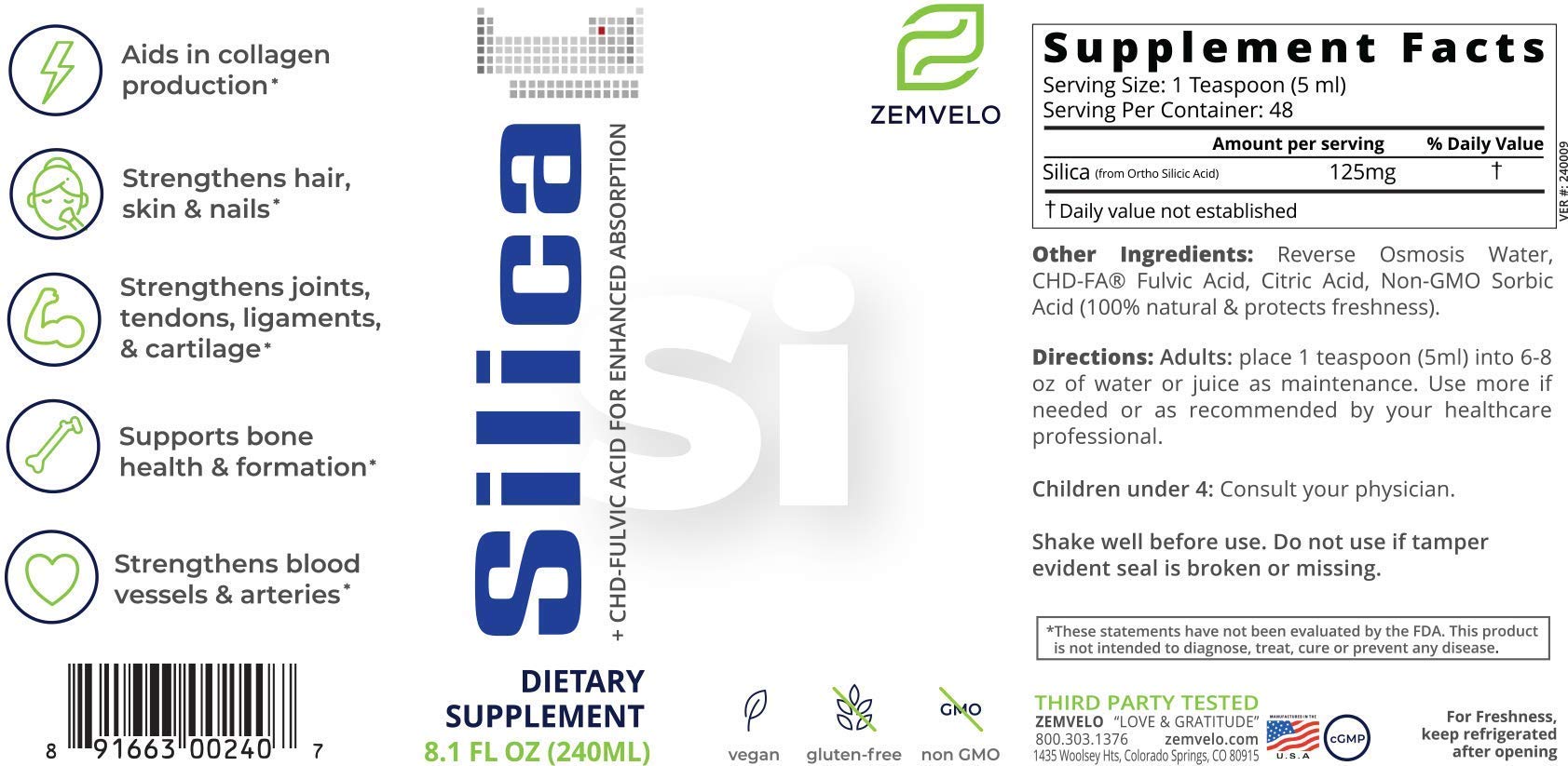Zemvelo Silicio líquido, solución clara para absorción rápida.