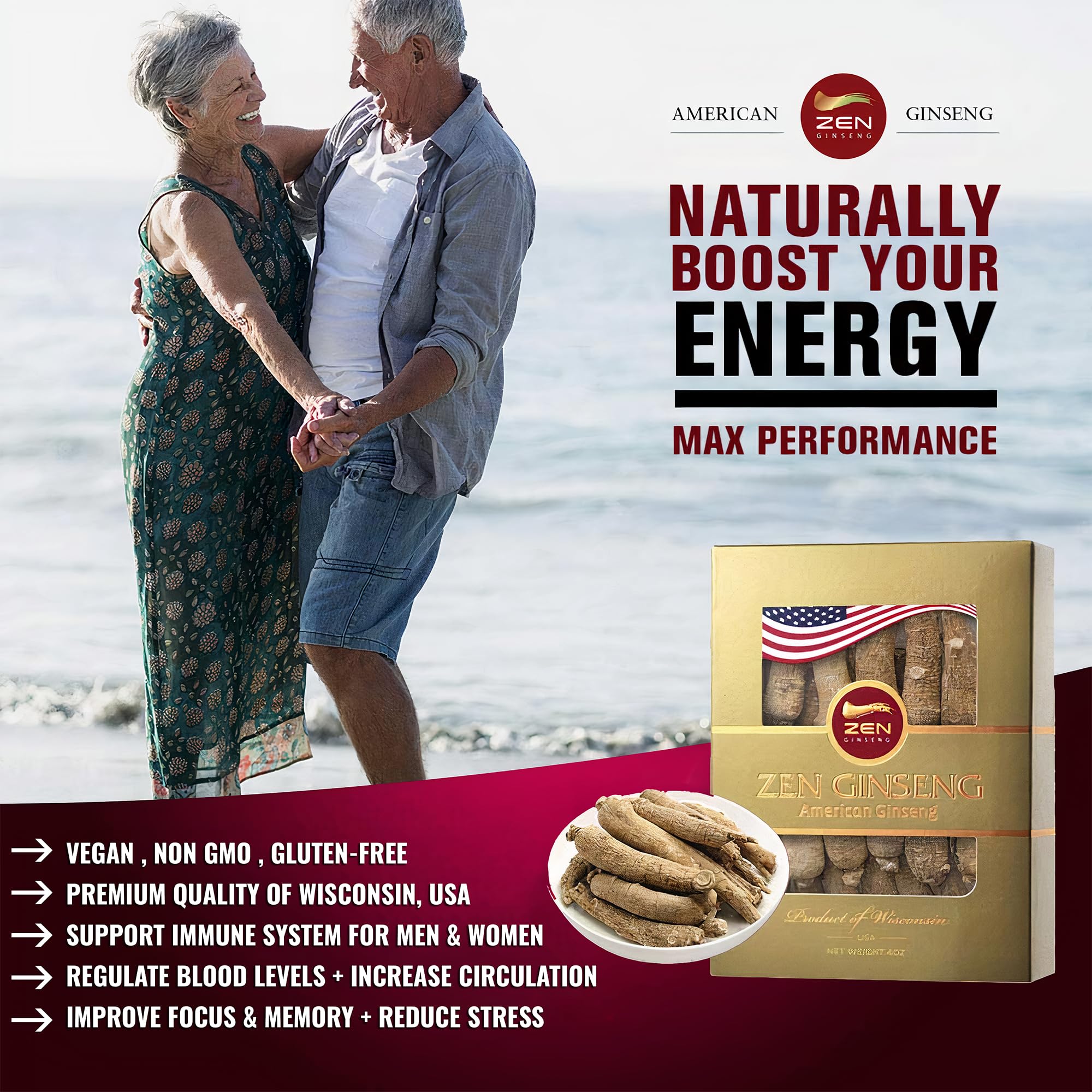 Zen Ginseng empaque estadounidense con raíz vegana y sin azúcar