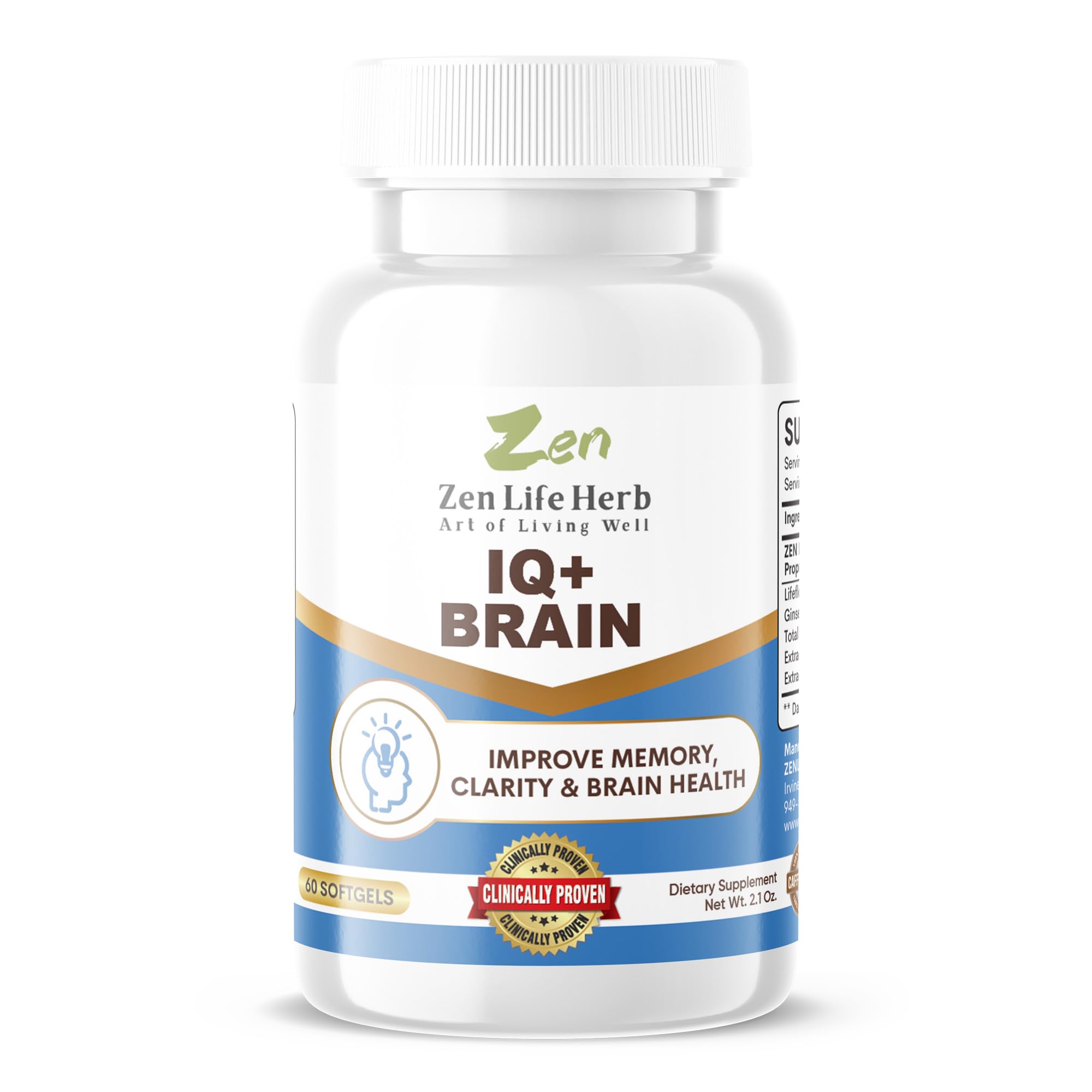 IQ+ Brain de Zen Life Herb, botella de cápsulas para enfoque diario