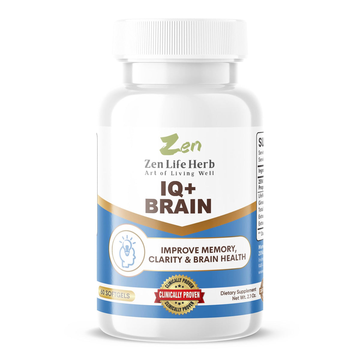 IQ+ Brain de Zen Life Herb, botella de cápsulas para enfoque diario
