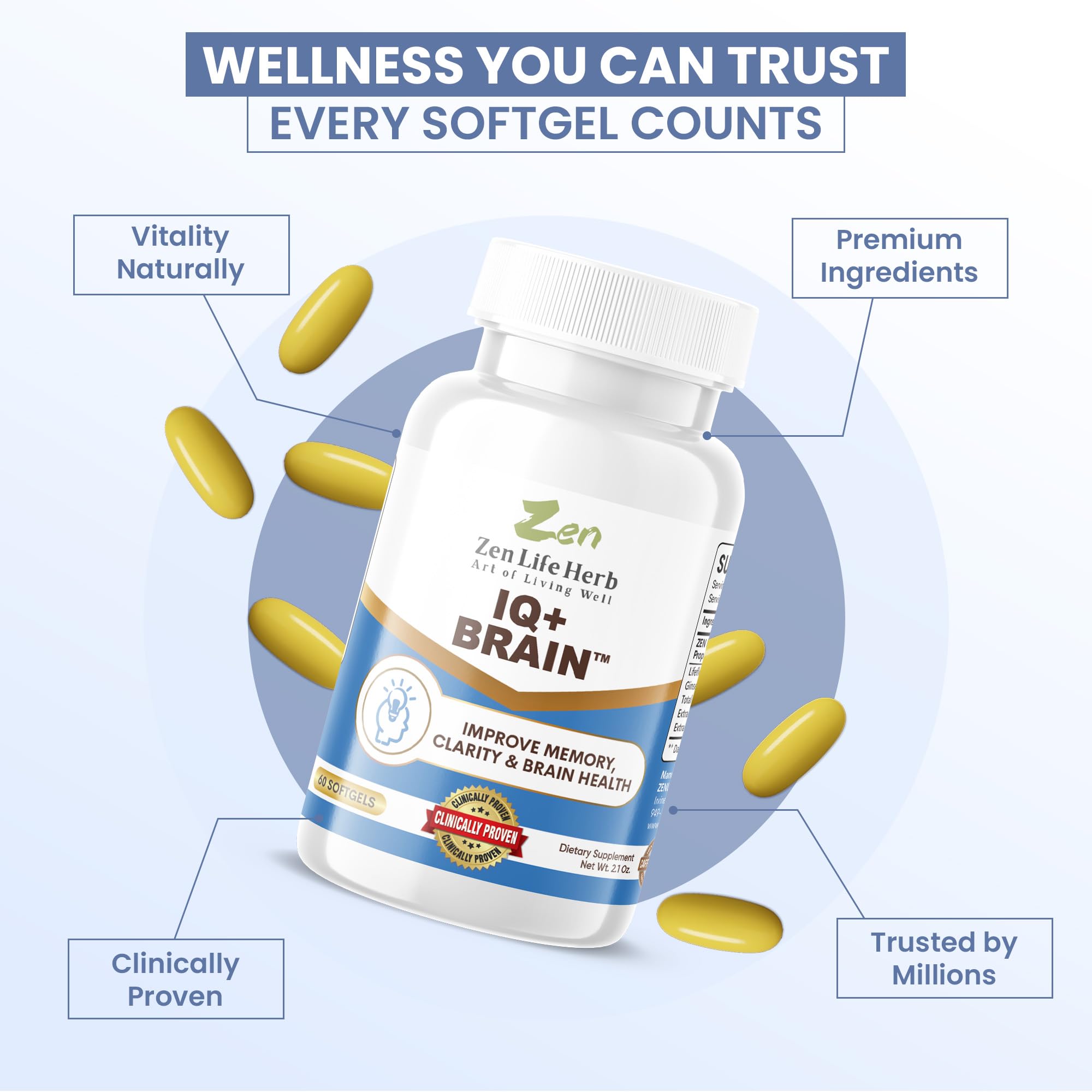 IQ+ Brain de Zen Life Herb, etiqueta trasera con indicaciones de uso