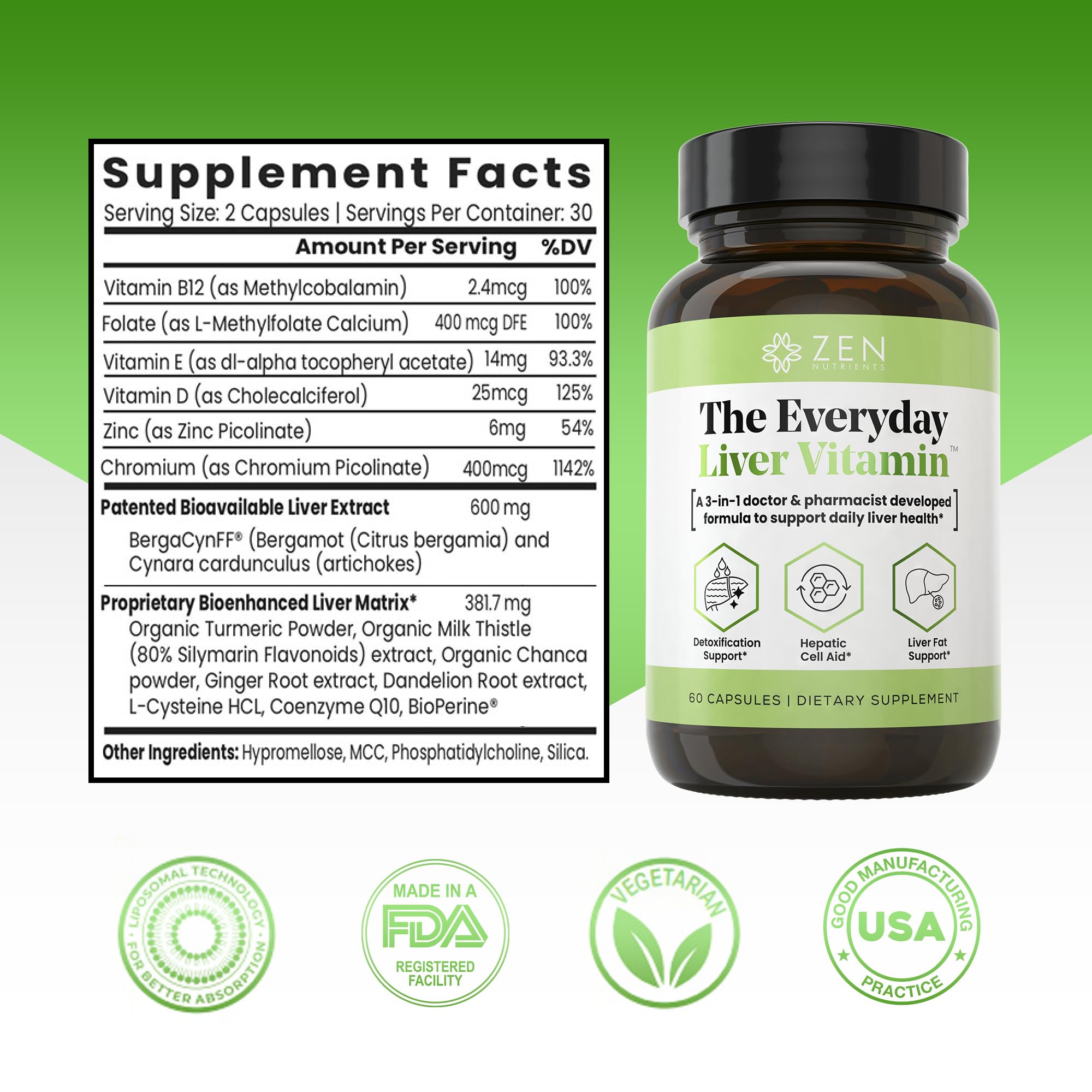 Zen Nutrients: etiqueta con Bergacyn FF para mejor absorción hepática.