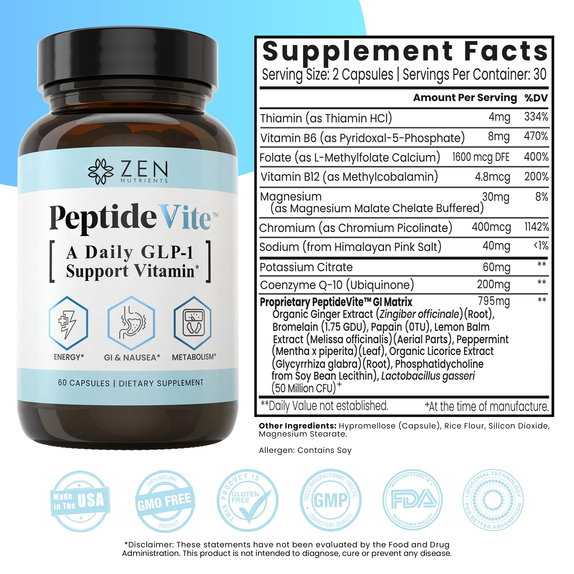 Zen Nutrients PeptideVite probióticos-ingredientes con Lactobacillus gasseri.