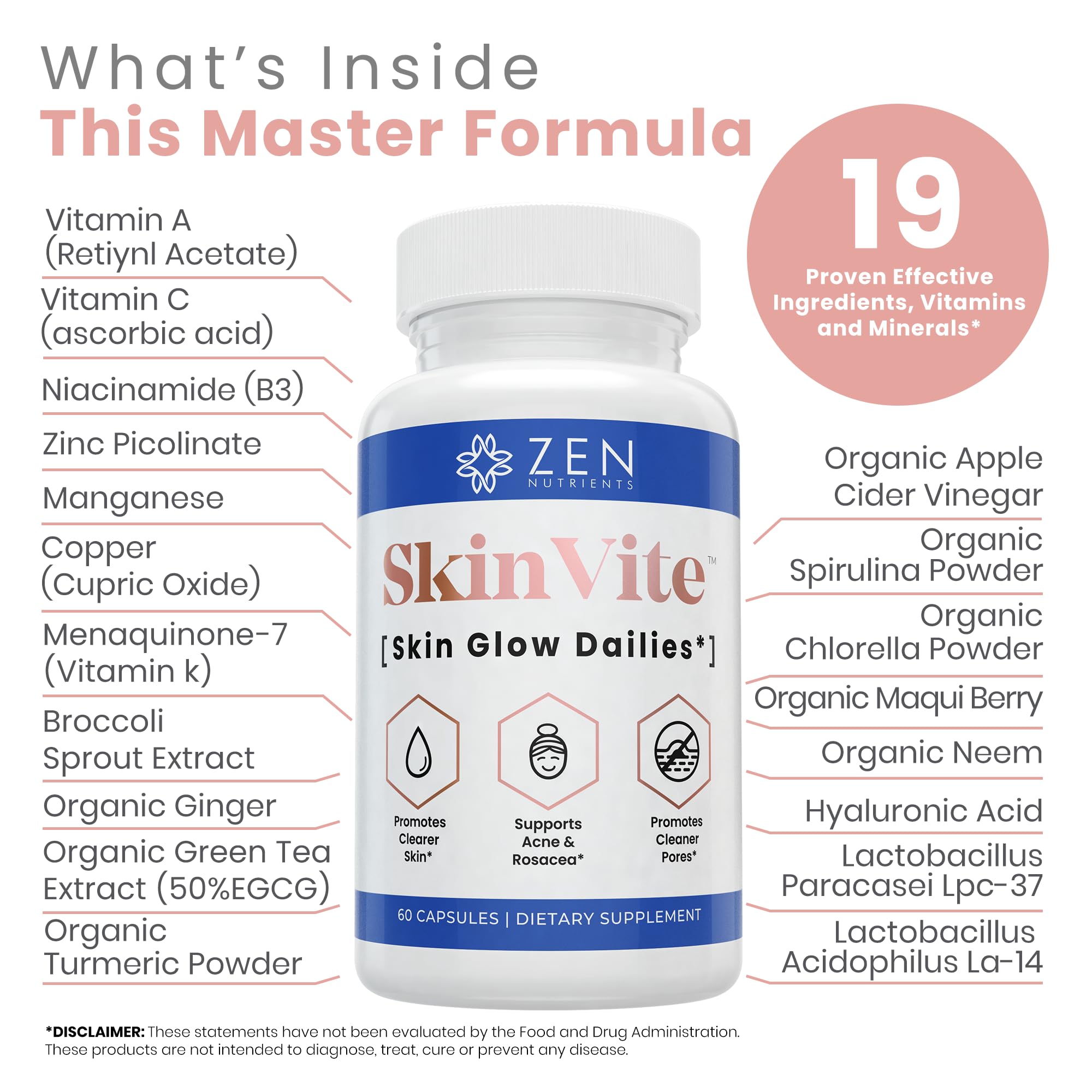 Zen Nutrients SkinVite, etiqueta frontal, destaca vitaminas para piel radiante.