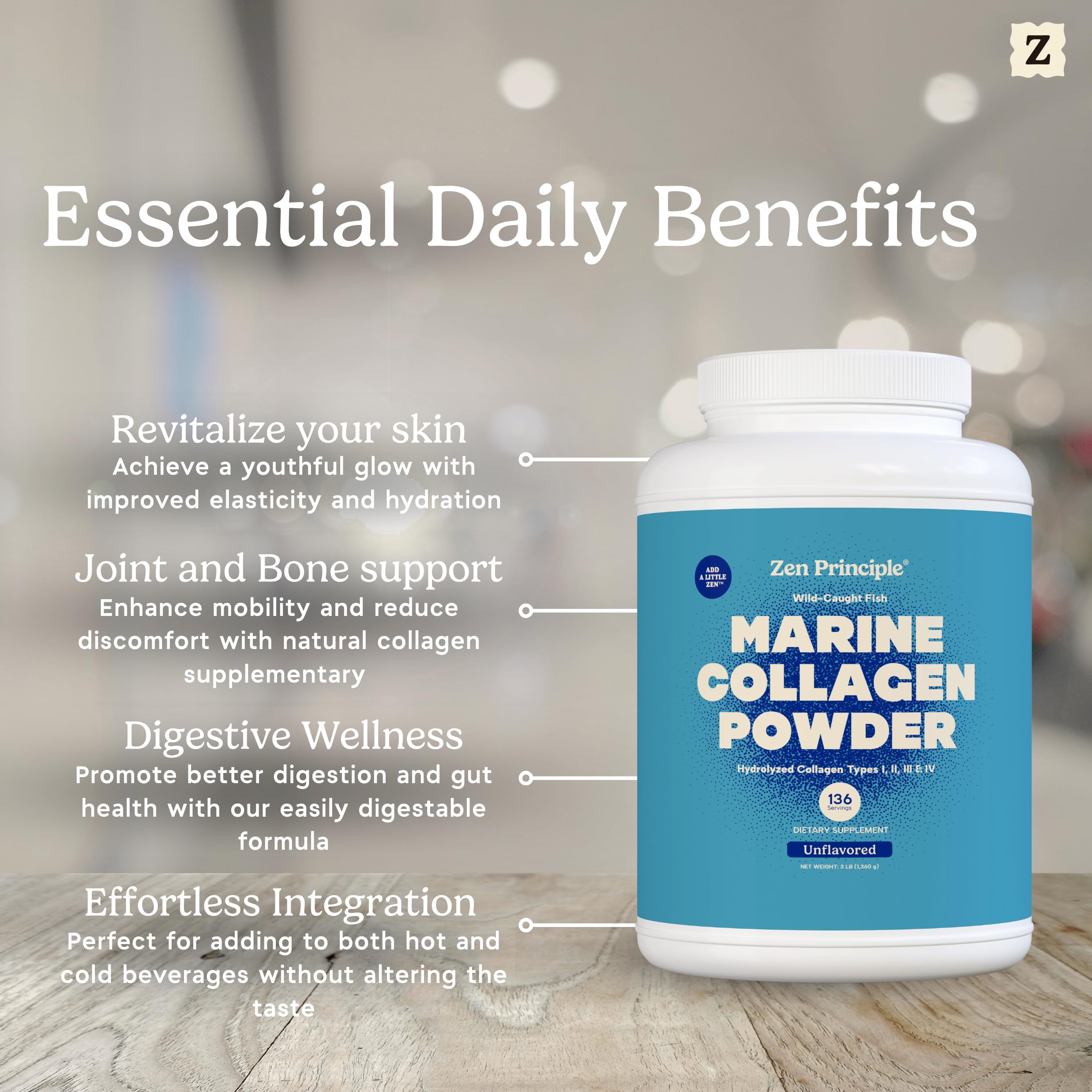 Producto sin sabor de Zen Principle Collagen Marino para mezclar en cualquier bebida.