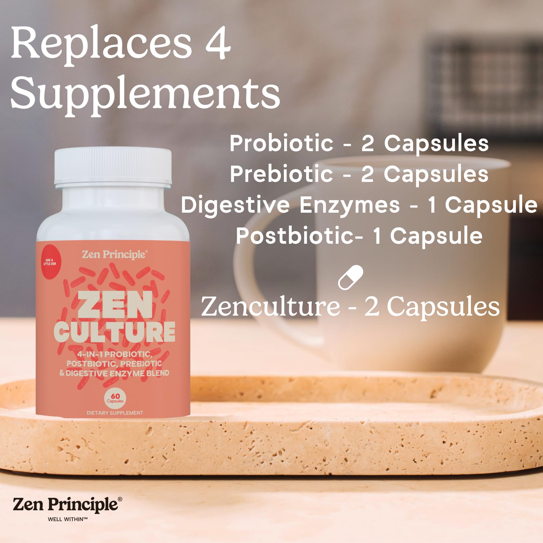 Zen Principle Zenculture botella en estante, diseño compacto para la rutina.