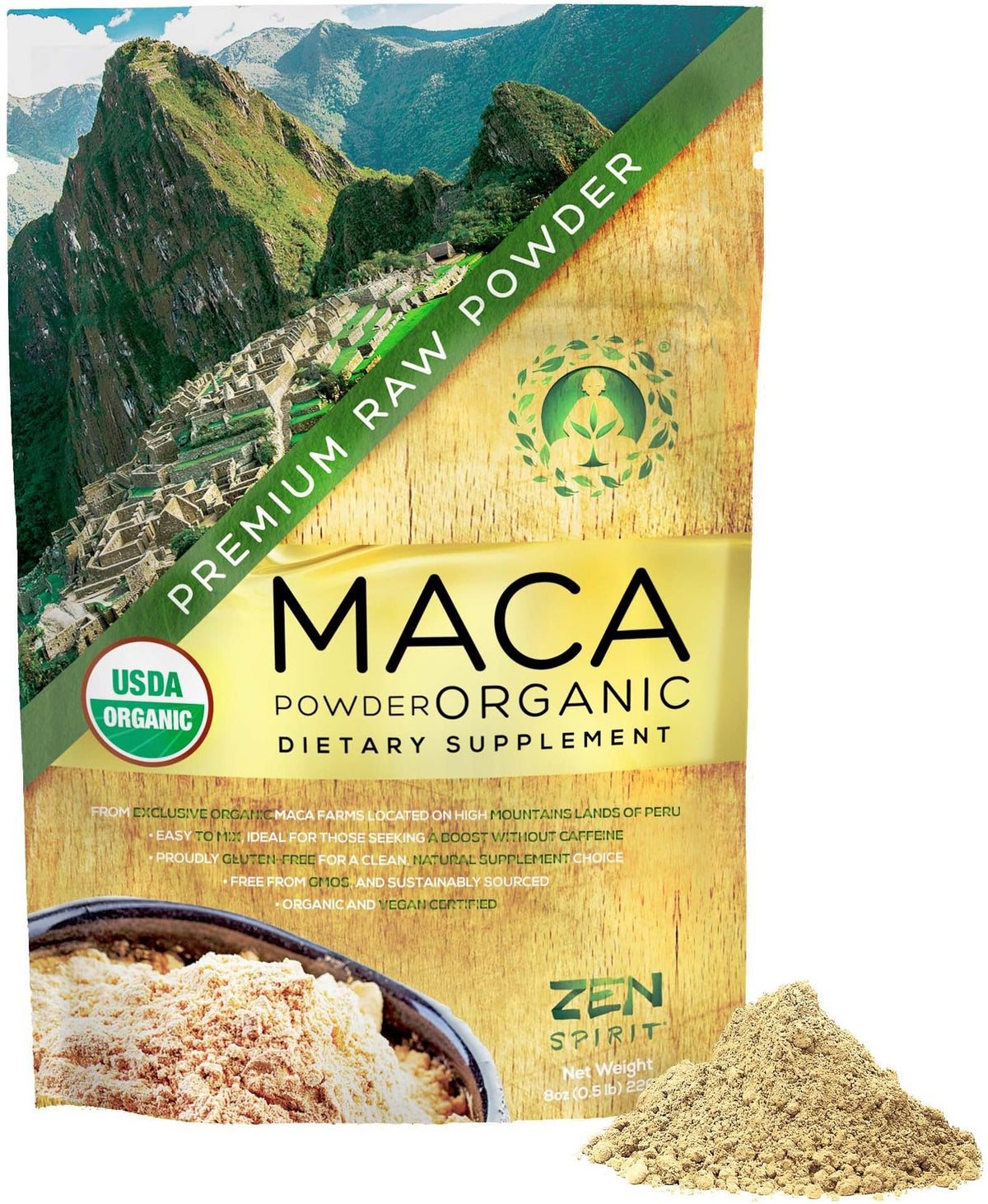 Maca polvo orgánico 8oz de Zen Spirit, ideal para desayunos energizantes.