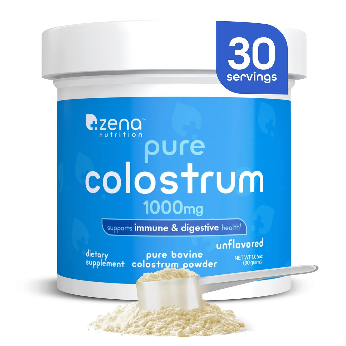 Colostro bovino en polvo porciones de Zena Nutrition, apoyo digestivo potencial