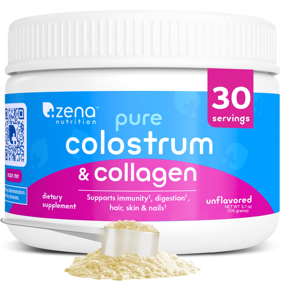 Zena Nutrition colostro y colágeno en polvo, textura suave para la digestión