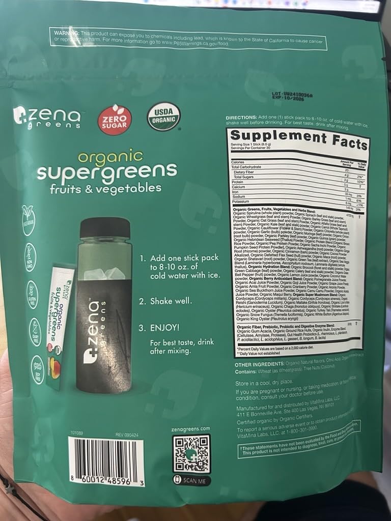 Zena Nutrition Organic Super Greens Mango etiqueta con pruebas de laboratorio.