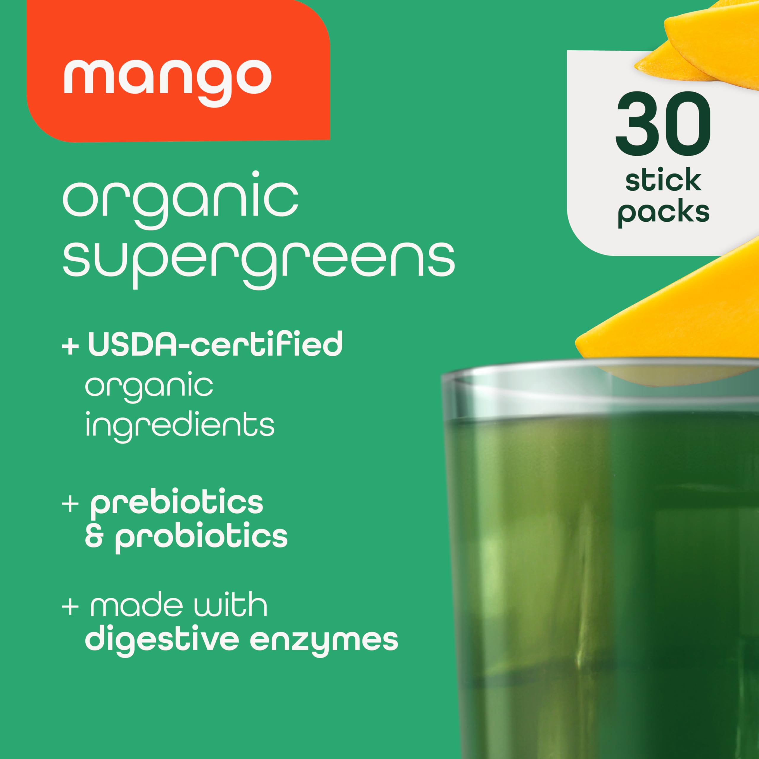 Zena Nutrition Organic Super Greens Mango polvo para verter en agua o batido.
