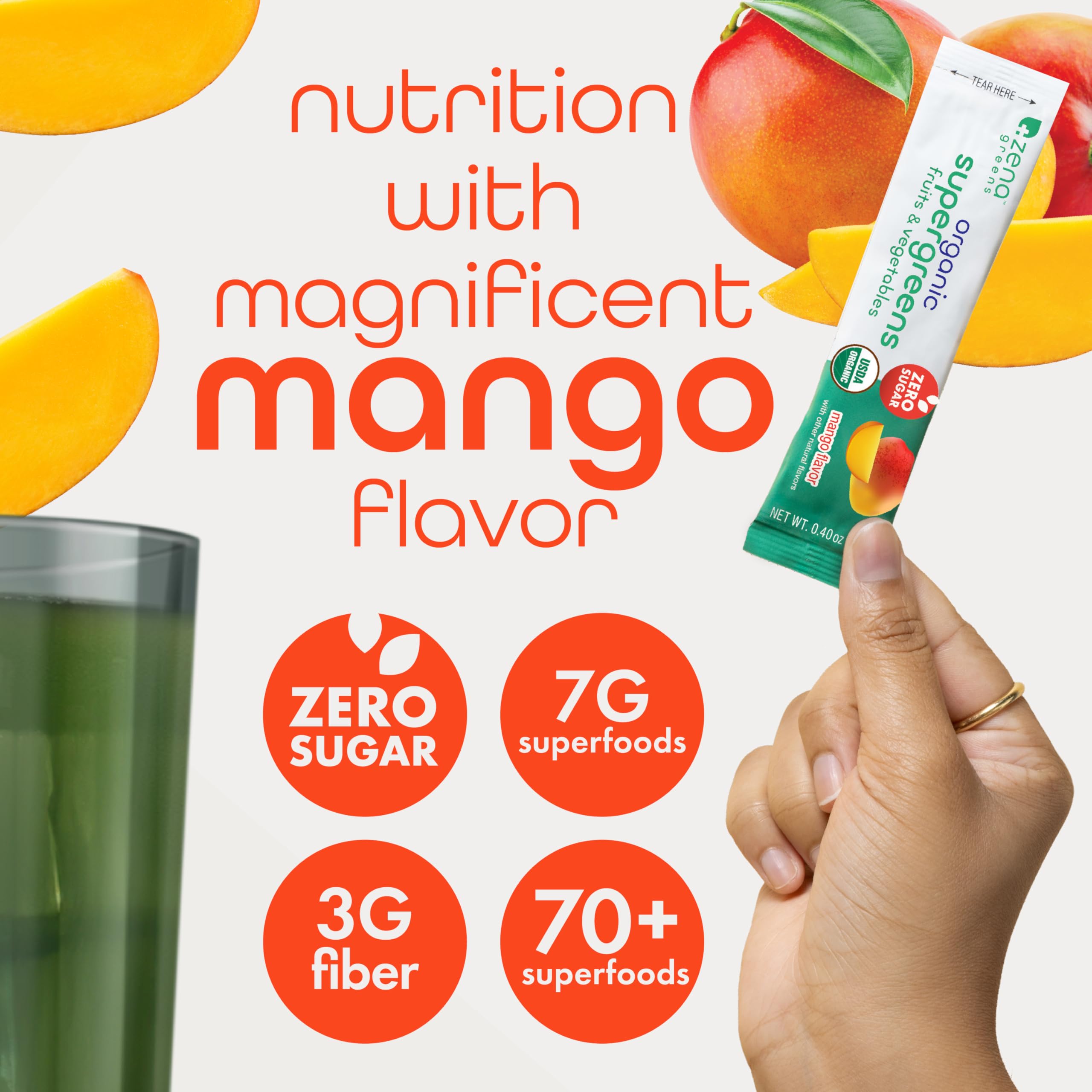 Zena Nutrition Organic Super Greens Mango servido en vaso con sabor refrescante.