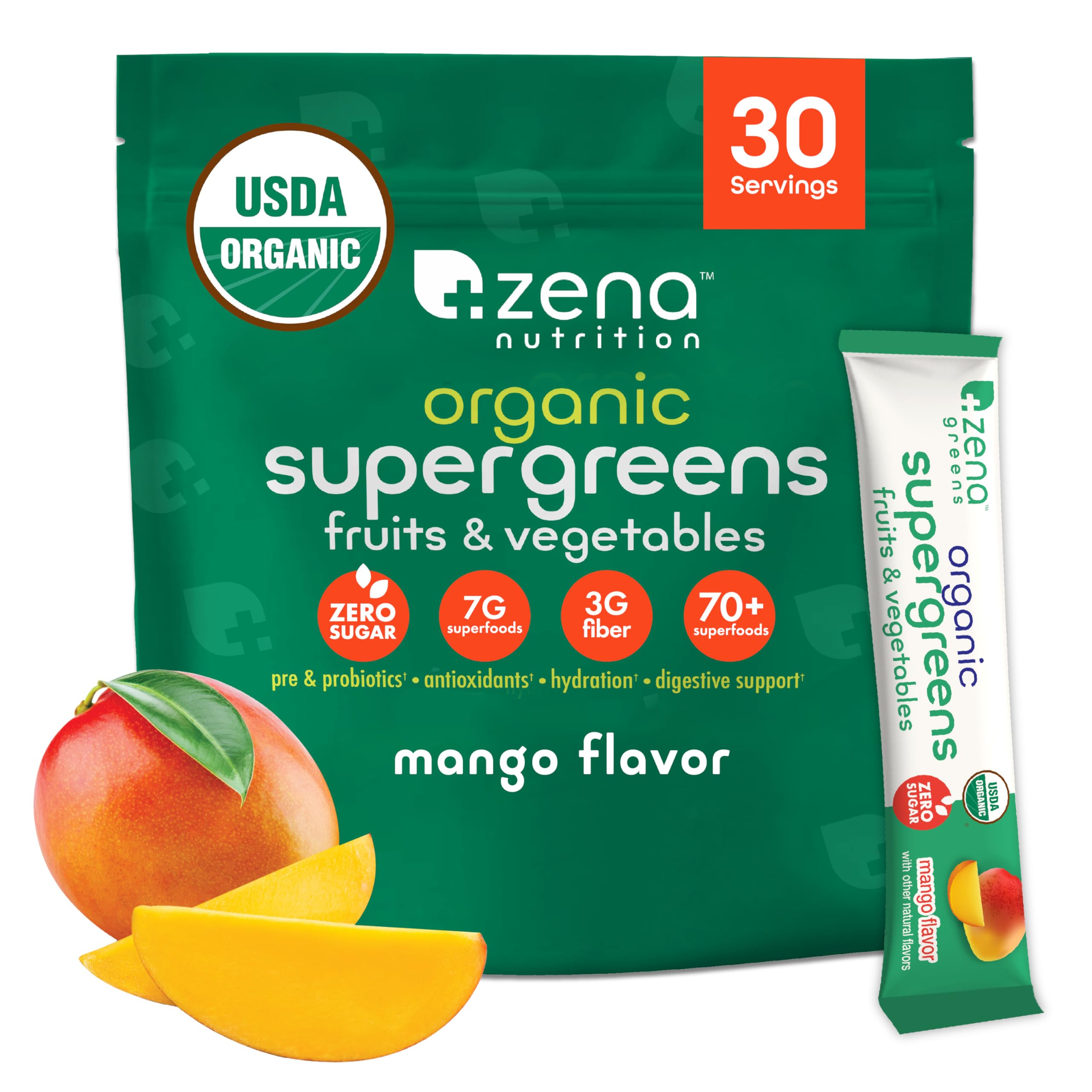 Zena Nutrition Organic Super Greens Mango en sticks para llevar y consumo rápido.