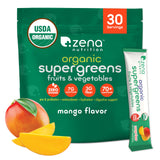 Zena Nutrition Organic Super Greens Mango en sticks para llevar y consumo rápido.