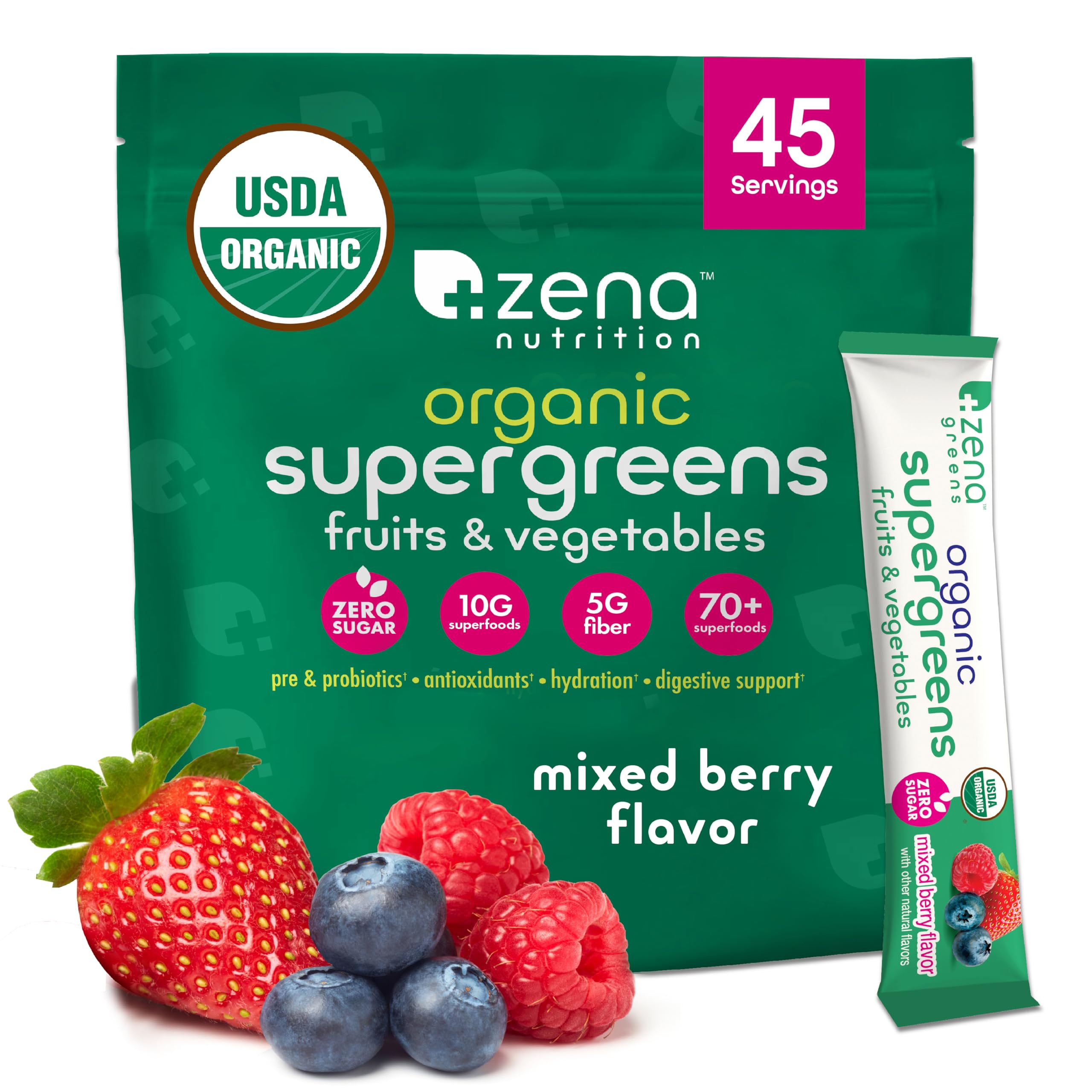 Zena Nutrition polvos super-verdes orgánicos en frasco, energía diaria para empezar.