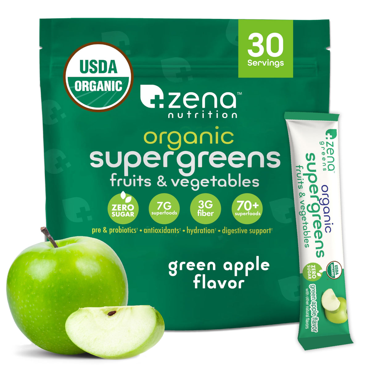 Zena Nutrition Super Greens, empaque stick individual, fácil de llevar