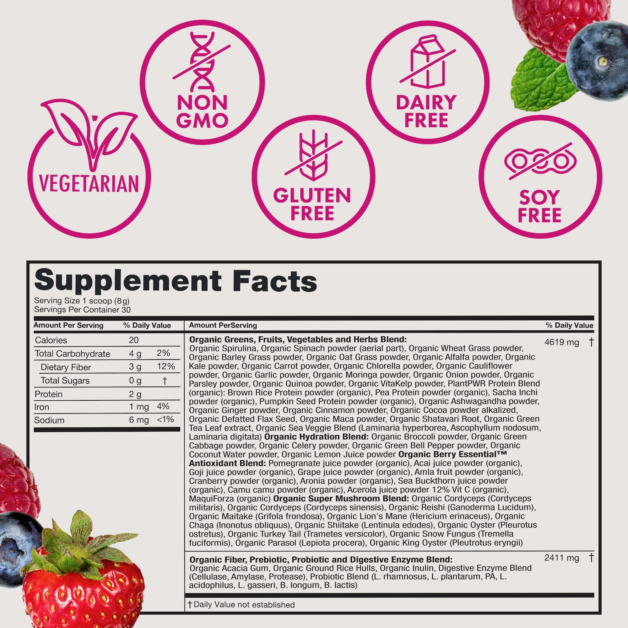Zena Nutrition Super Greens etiqueta orgánica, certificación USDA visible
