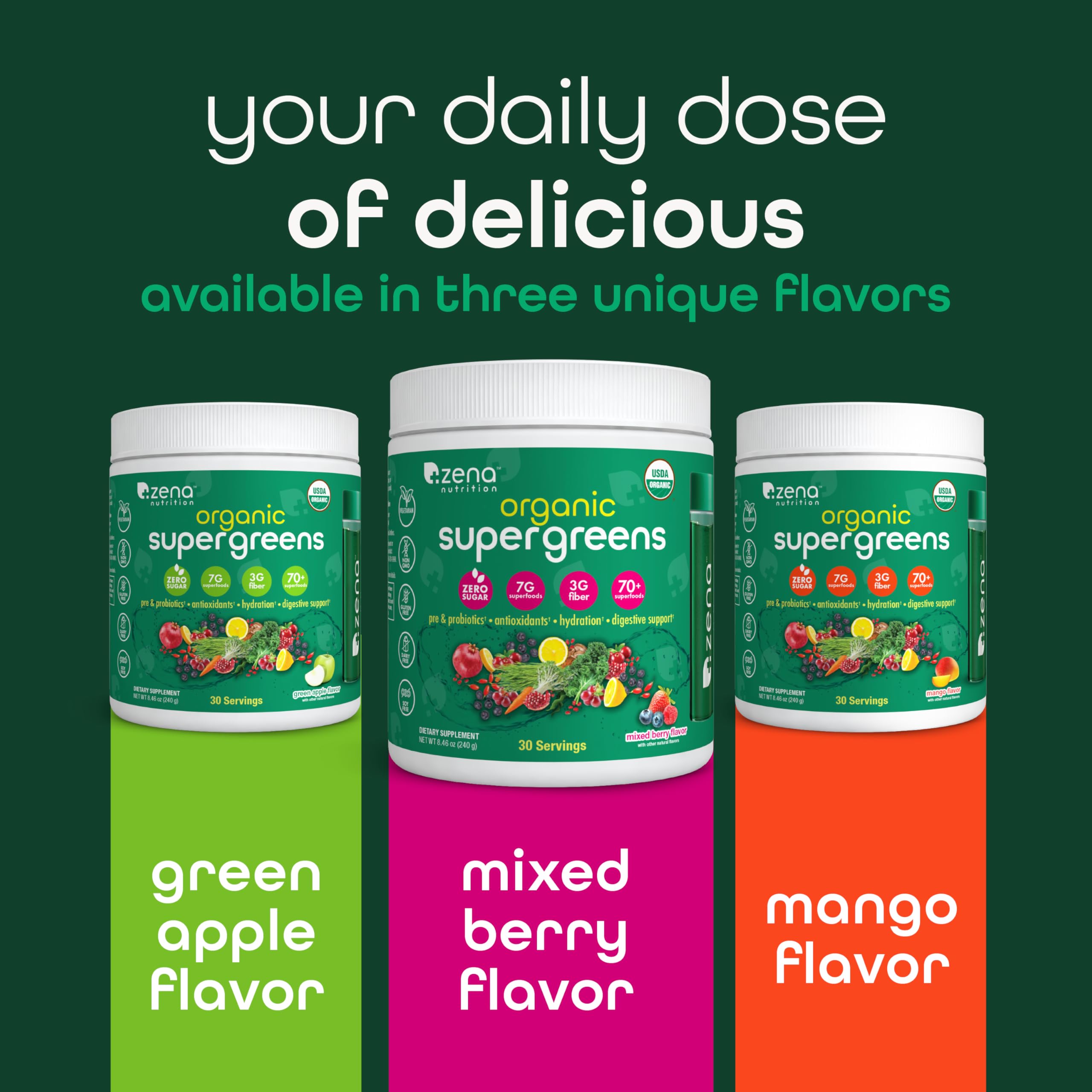 Zena Nutrition Super Greens mezcla de hongos orgánicos, para la vitalidad diaria