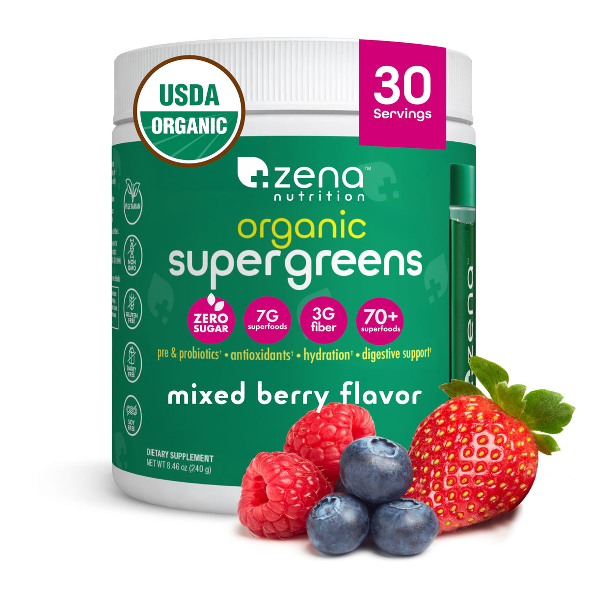 Zena Nutrition Super Greens en pote, polvo verde para apoyar energía diaria