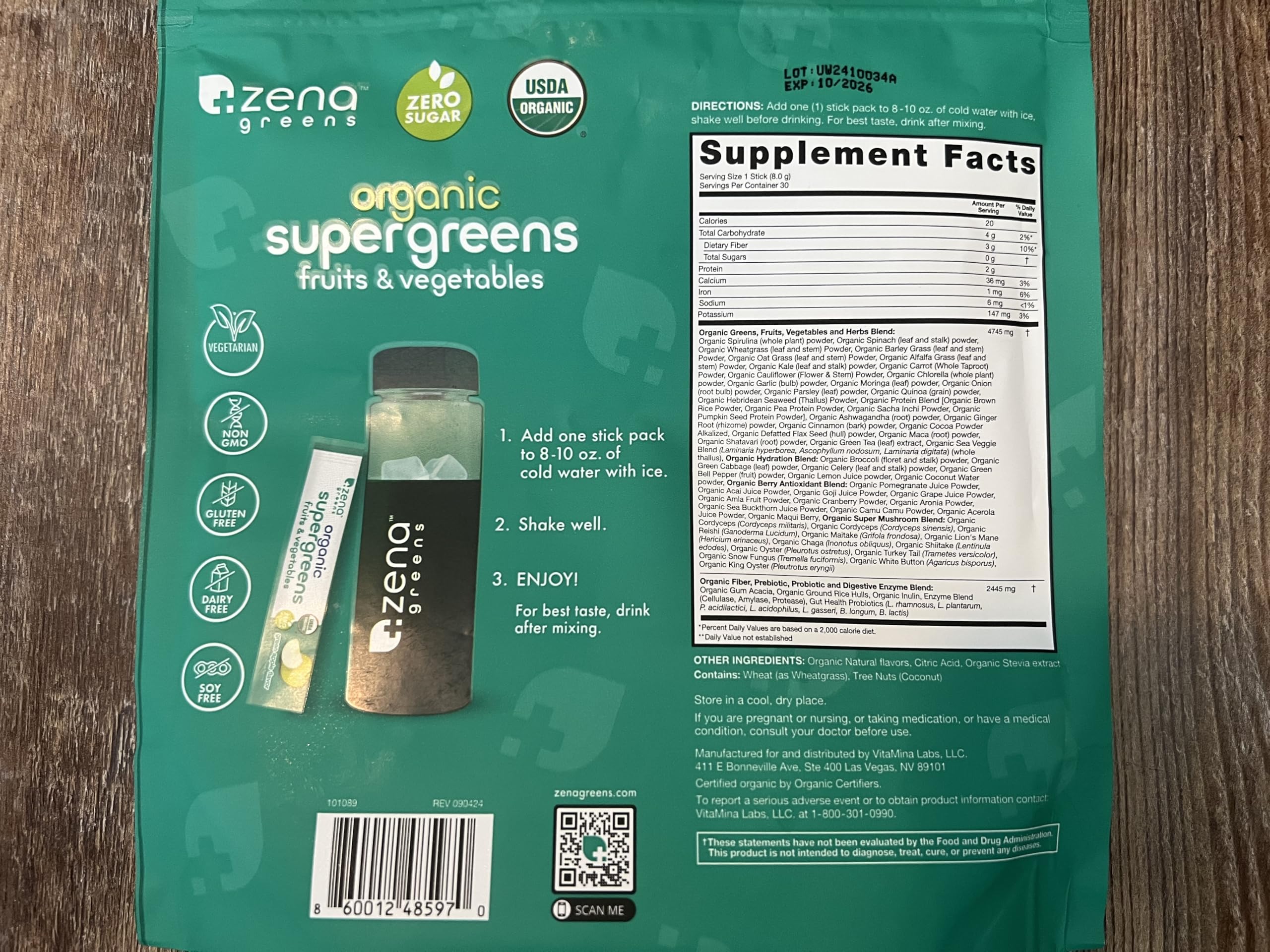 30 sobres individuales de Zena Greens para uso diario