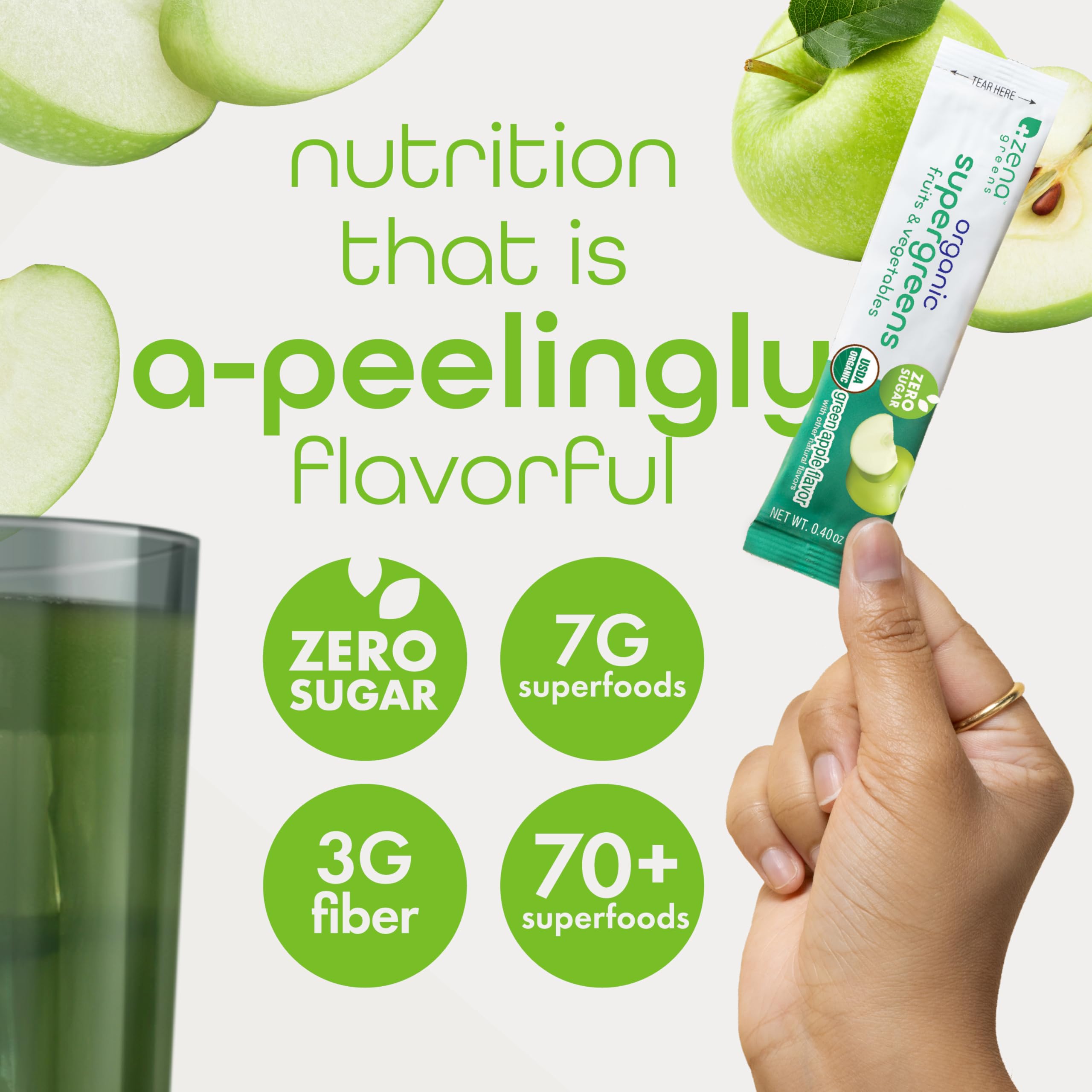 Vaso para batido con Zena Super Greens, preparación rápida