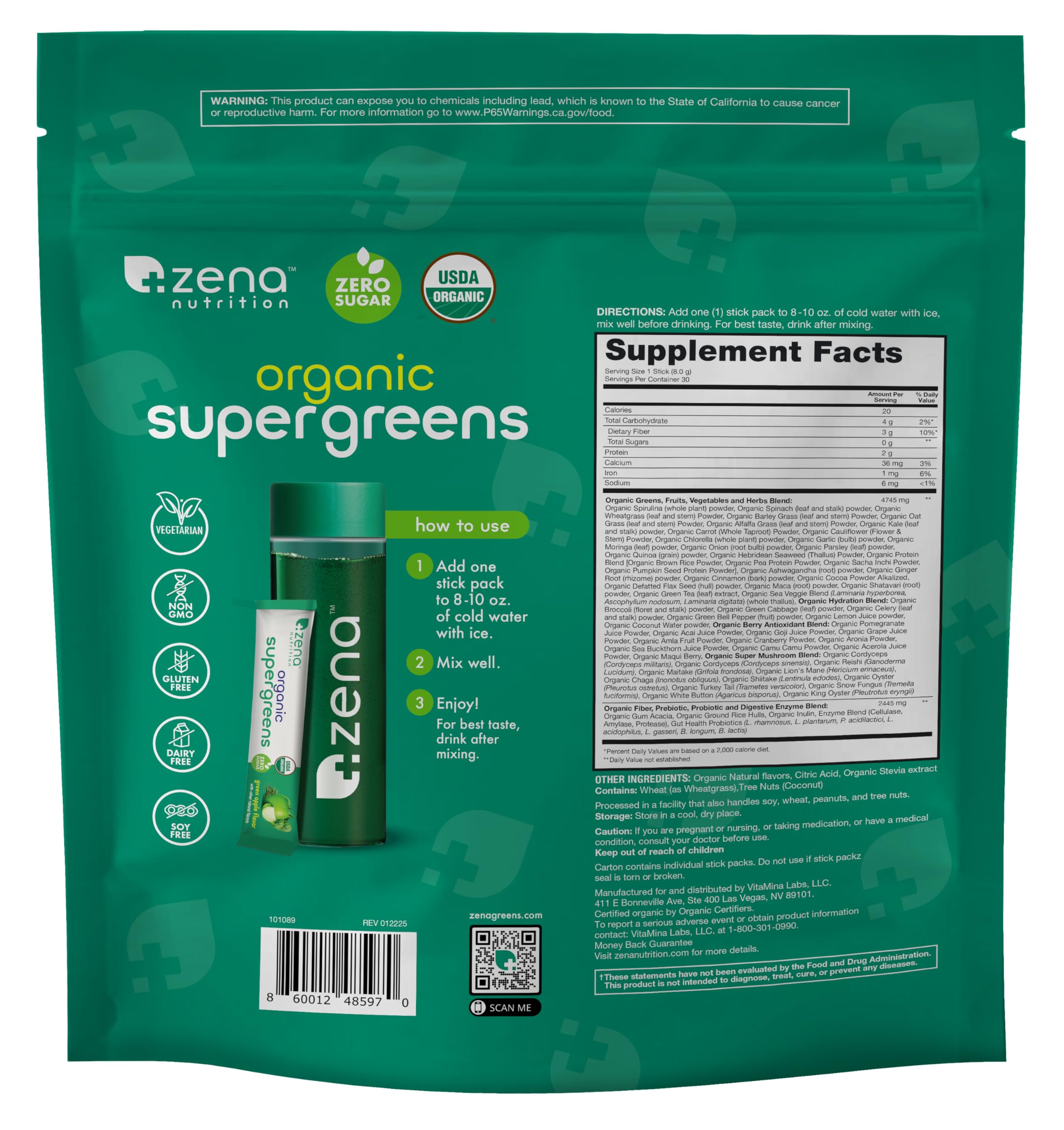 Presentación vegana y sin gluten de Zena Super Greens