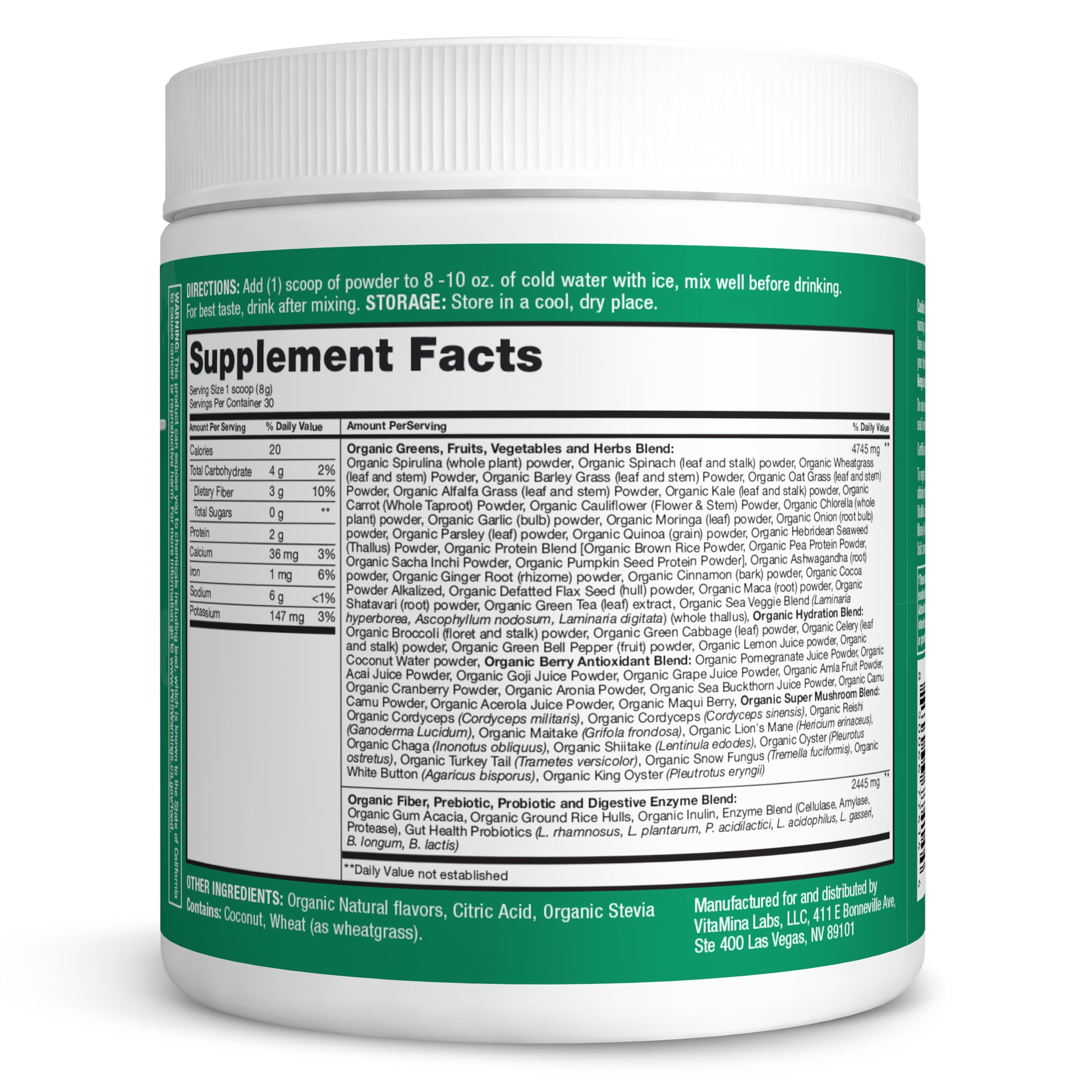 Etiqueta de Zena Nutrition Super Greens con certificación usda.