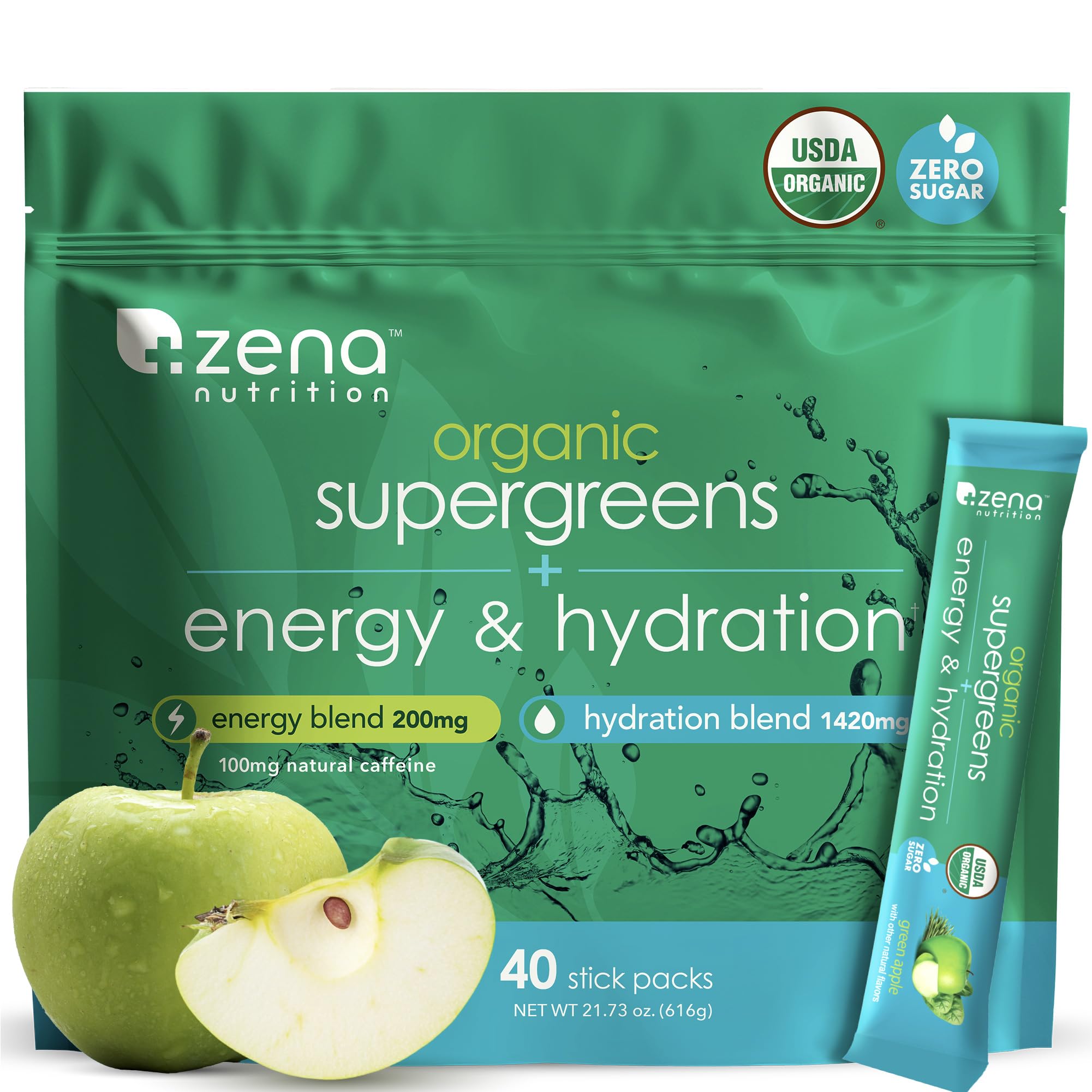 Zena Nutrition Organic Super Greens en stick para energía e hidratación diaria