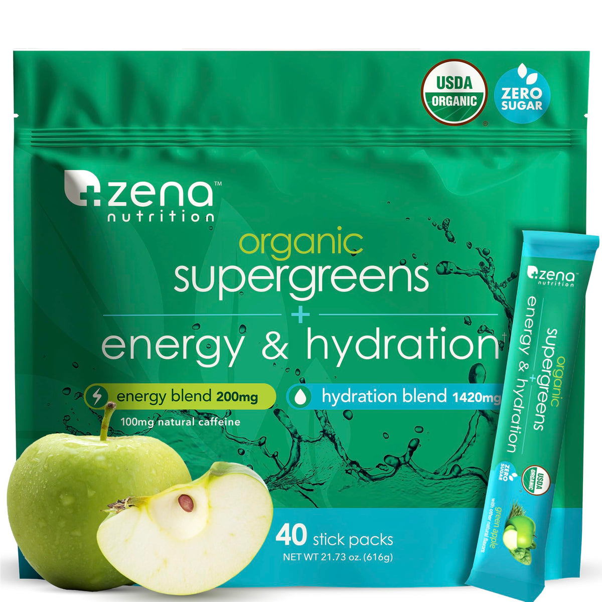 Zena Nutrition Organic Super Greens en stick para energía e hidratación diaria