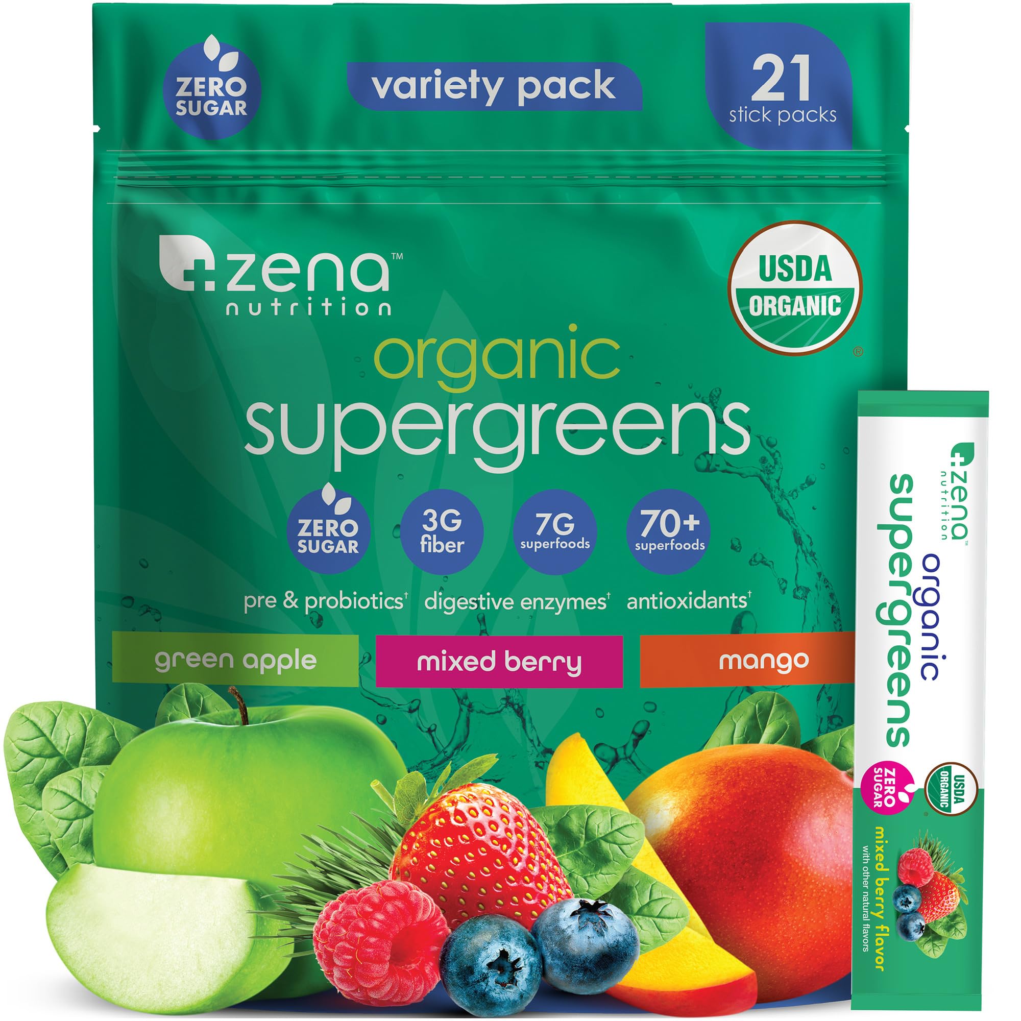 Polvo verde orgánico de Zena Nutrition en pack de variedad para uso diario